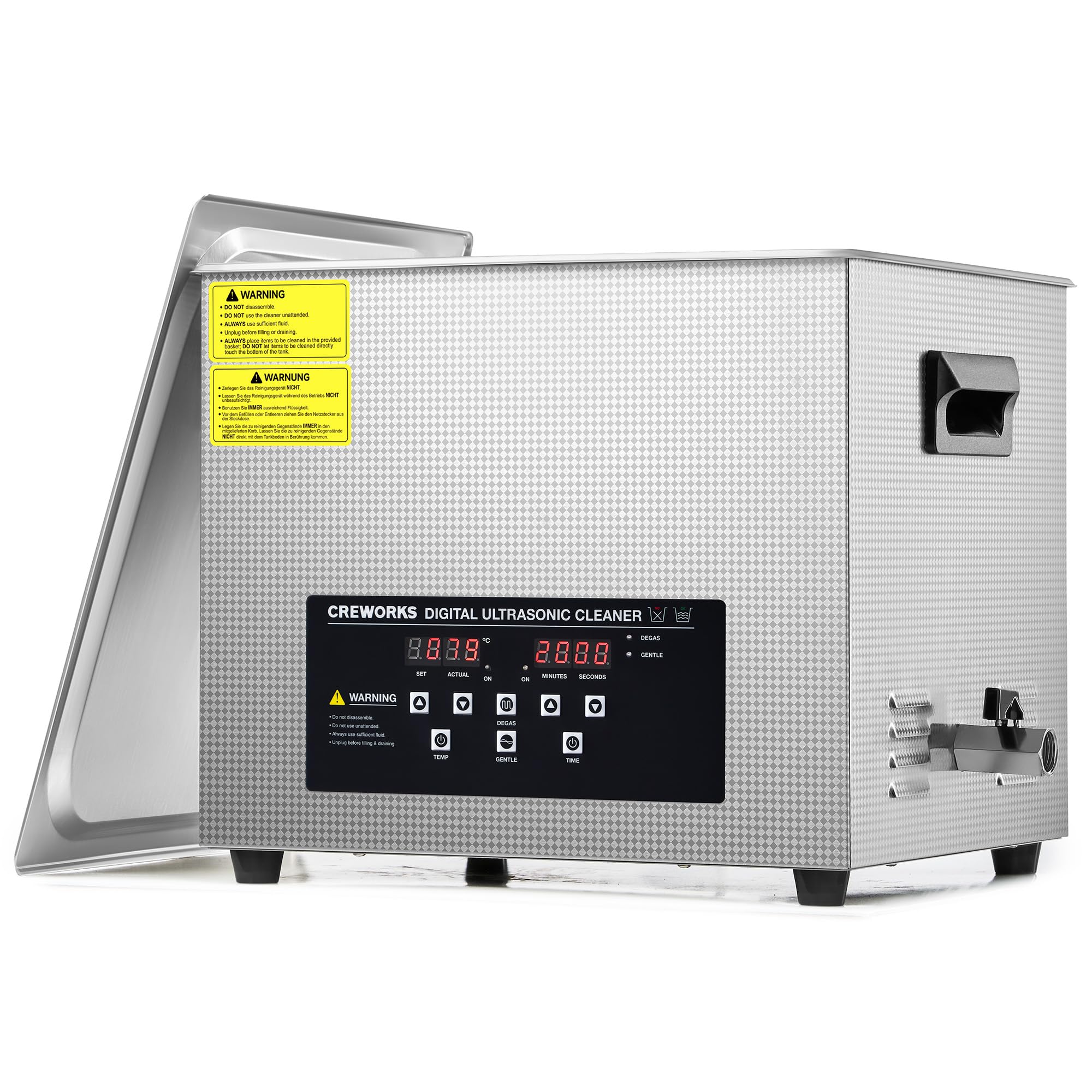 CREWORKS 15L Pulitore Ultrasuoni Industriale con 450W Riscaldatore e Timer Digitale 360W Vasca Ultrasuoni in Acciaio Inossidabile con Modalità Degas e Delicata per Strumenti Utensili e Ricambi Auto