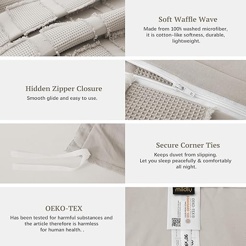 Miniatura 4 de MILDLY Juego de funda de edredón con tejido de gofre, tamaño King, color avena, 3 piezas, 100% microfibra lavada, suave y transpirable, texturizada,