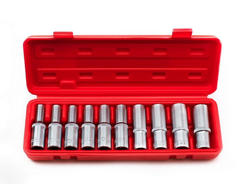 Jogo de Soquetes Estrela E Torx Longos com Encaixe de 12,7 mm (1/2 pol.), Aço Cromo-Vanádio, E8 a E24, 10 peças VCT