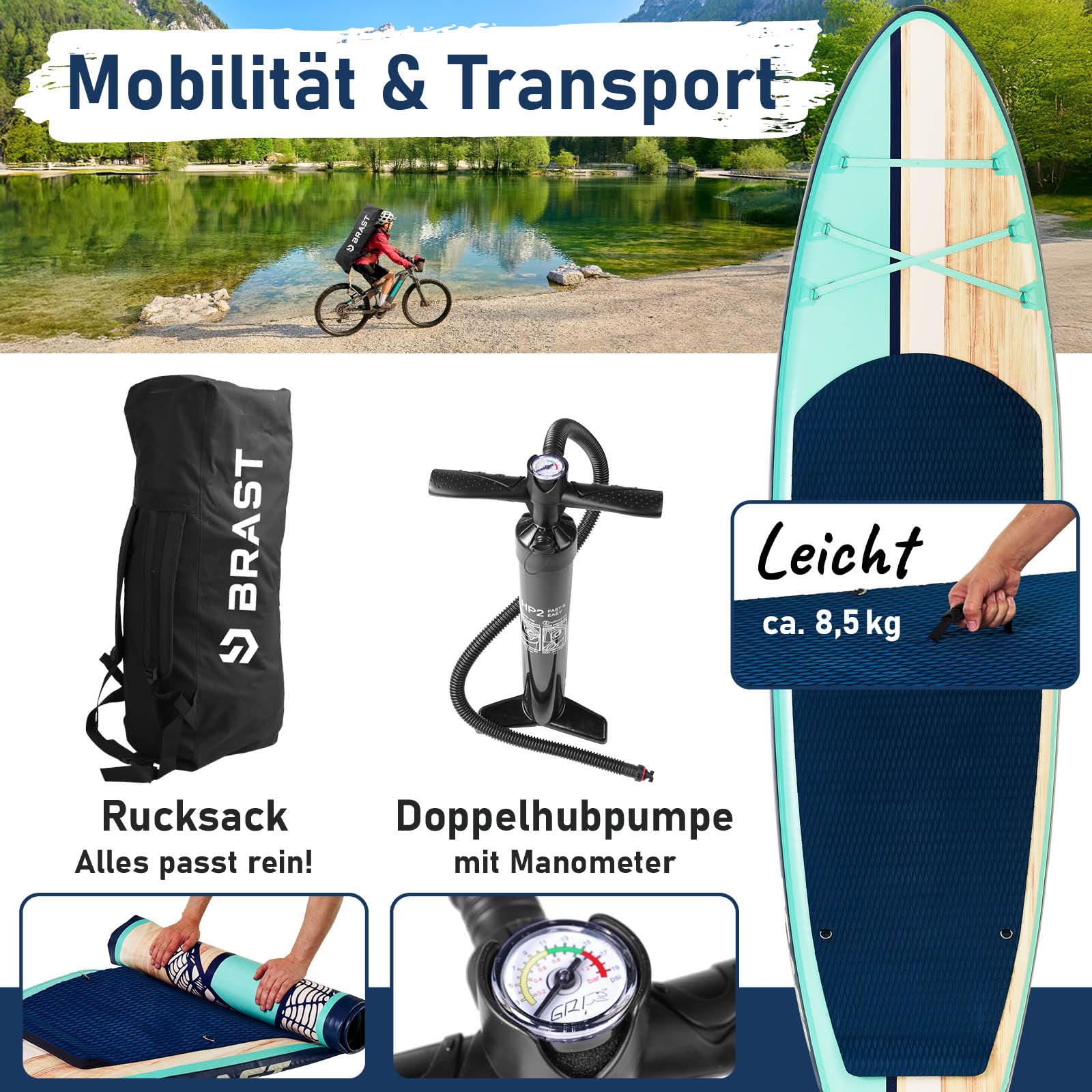 BRAST SUP Board Shark | Aufblasbares Stand up Paddle Set | 320x81x15cm | 8 Designs | 5 Jahre Garantie | inkl. Sonderzubehör | 2in1 Paddel Kajak-Sitz Action-Cam-Halterung Fußschlaufe Pumpe Rucksack