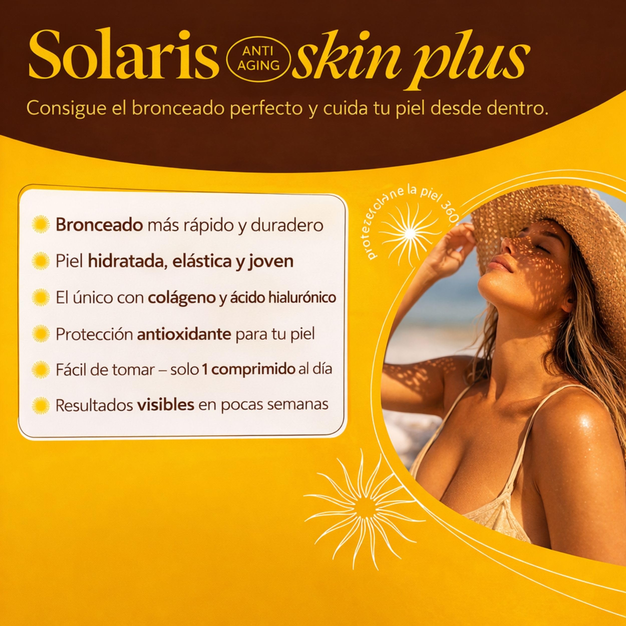 Acelerador del Bronceado con Betacaroteno – Pastillas Bronceadoras – El Único con Colágeno y Ácido Hialurónico – Licopeno, Vitamina E, Cobre y Selenio – 120 Comprimidos – Solaris Skin Plus