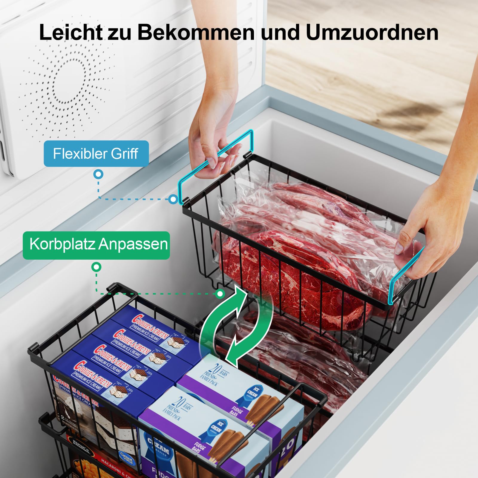 iSPECLE Gefrierkörbe – 4er Stapelbar Gefrierschrank Organizer für 198L Gefriertruhen Einfacher Zugriff auf Tiefkühlkost Platz Sparen Gefrierbehälter Mit Griffen Leicht zu Bewegen, Schwarz