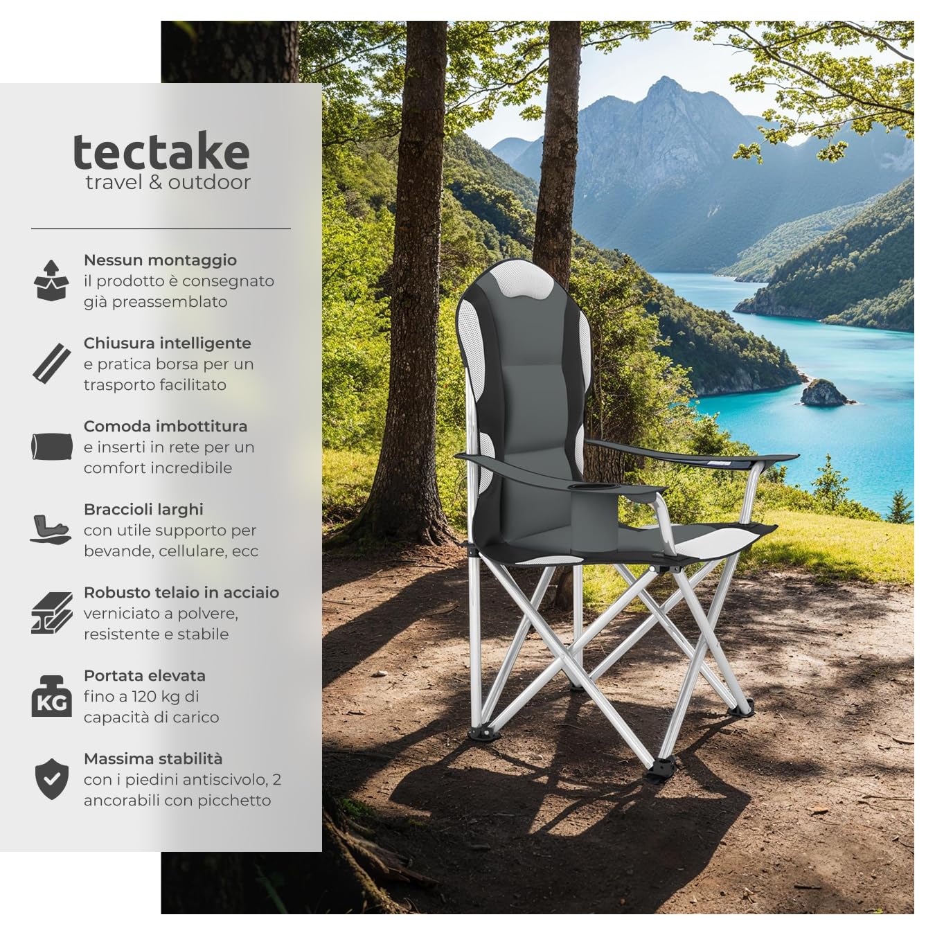 tectake® 2 Sedie da Campeggio Pieghevole, Comoda Imbottitura, Sedie Relax con Tessuto a Rete per Ventilazione, Bracciolo con Porta Bevande Incorporato, Pratica Borsa Inclusa - Grigio