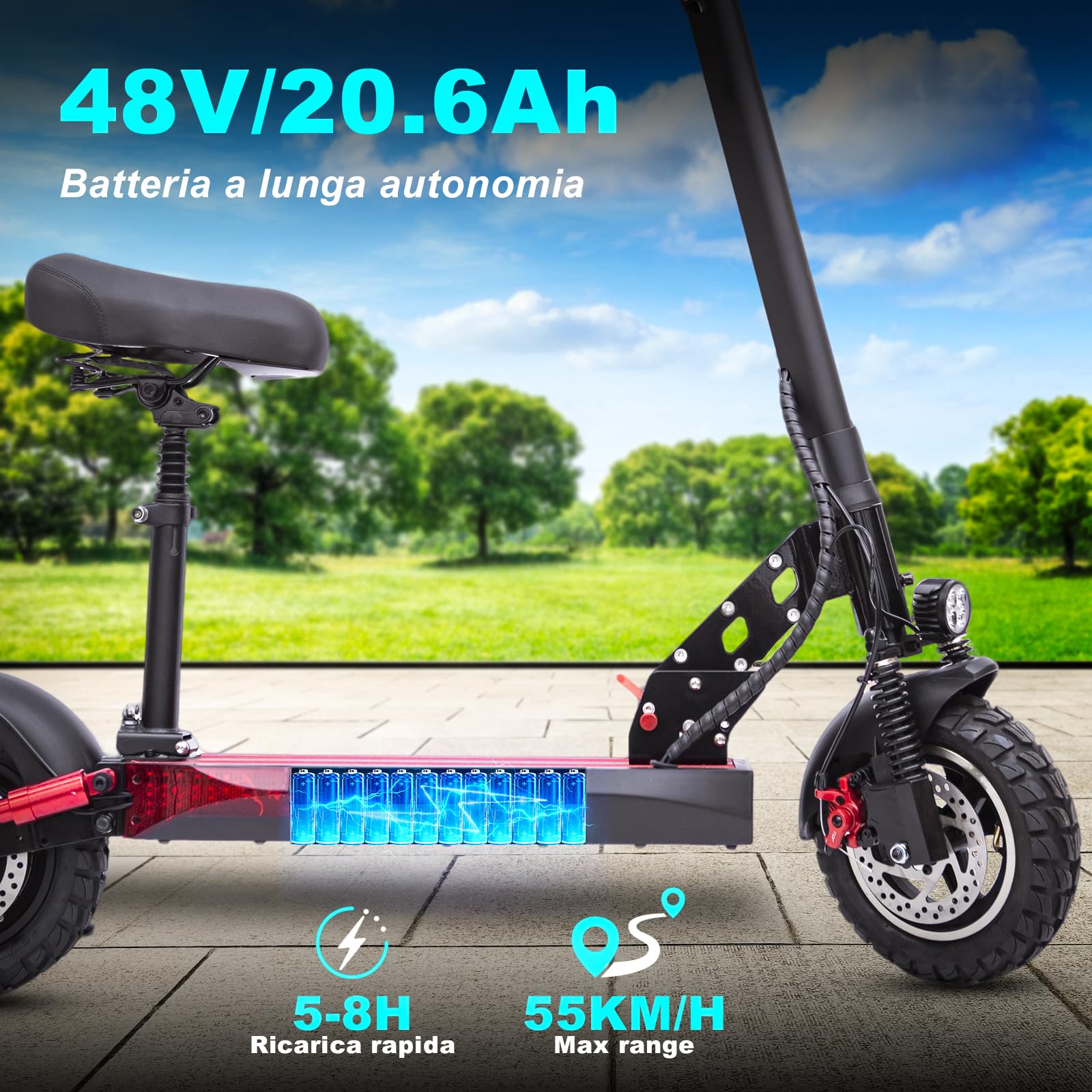 Patinete Eléctrico para Adultos de 10", con Potencia de 350W, Autonomía de 55 km, Velocidad Máxima de 25 km/h, Frenos de Disco Delanteros y Traseros, Doble Suspensión, Patinete eléctrico Plegable