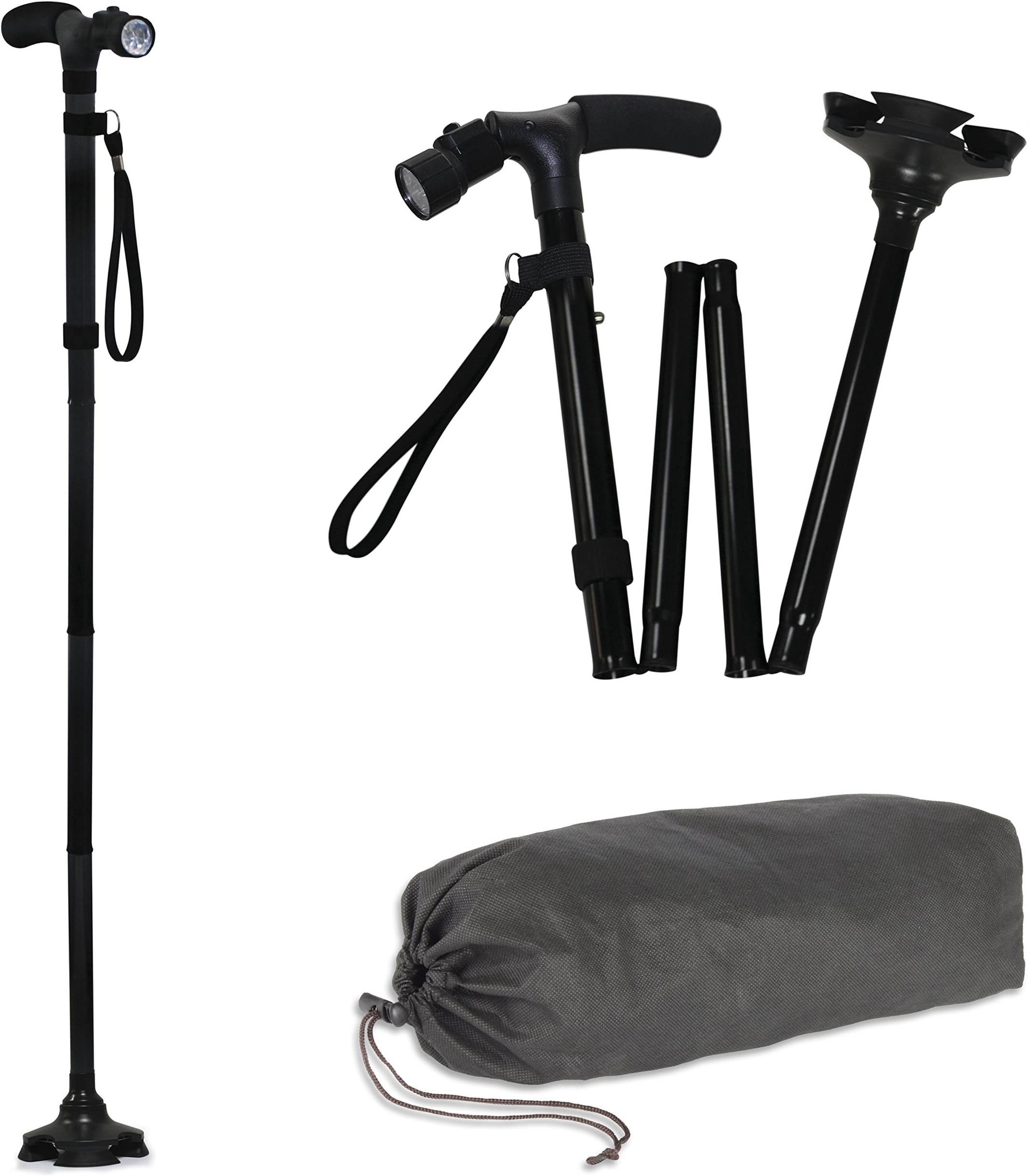 Cane Buddy Adjustable Foldable Lightweight Stand Alone Pivoting Quadruple Tread Base Cane With Built-in LED Light