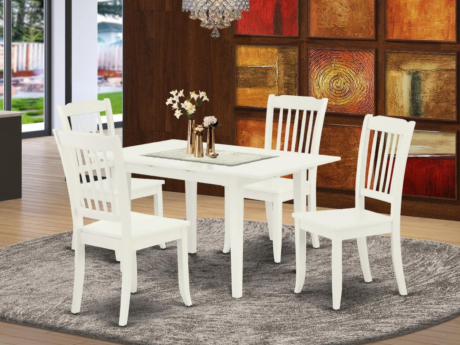 East West Furniture NODA5-LWH-W 5 Piece Modern Dining Table Set Includes a Rectangle Wooden Table with Butterfly Leaf and 4 Dining Chairs, 32x54 Inch, Linen White