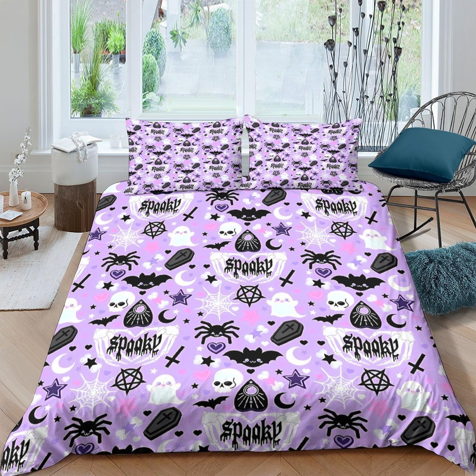 Ctjqhvkz Style-8 3D Printed Purple Halloween Fitted Sheet Microfiber Soft Spider Bat Skull Bed Cover For Bedroom Dorm Decor Single（135X200cm）