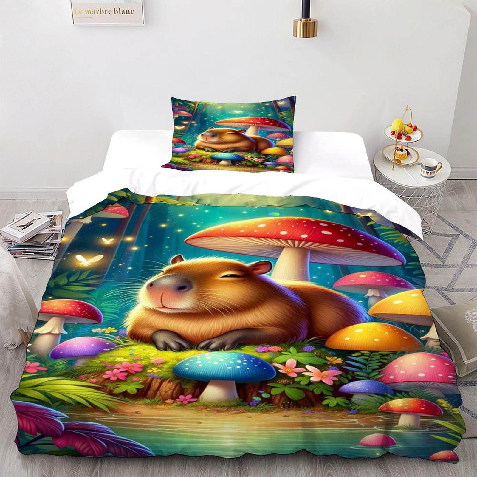 DOXLITVT Capybara Mushroom Bedding Set Theme Bedspread Animal Themes Wildlife Duvet Cover Set Microfiber Comforter Cover Universal for All Seasons with Pillowcase Single（135x200cm）