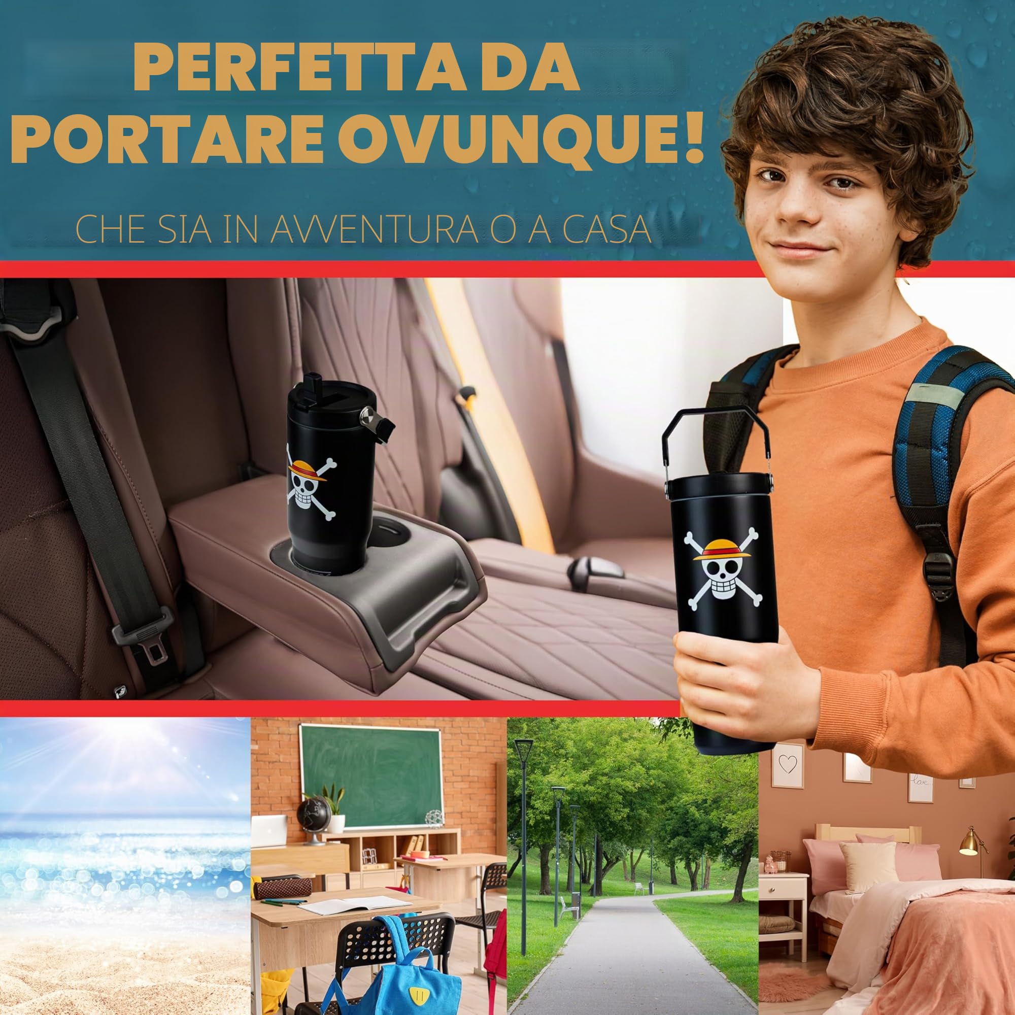 Get Trend One Piece Bicchiere Termico con Cannuccia e Maniglia, Metallo Tazza da Viaggio 850ml, Isolamento Termico Sottovuoto a Doppia Parete (Nero One Piece)