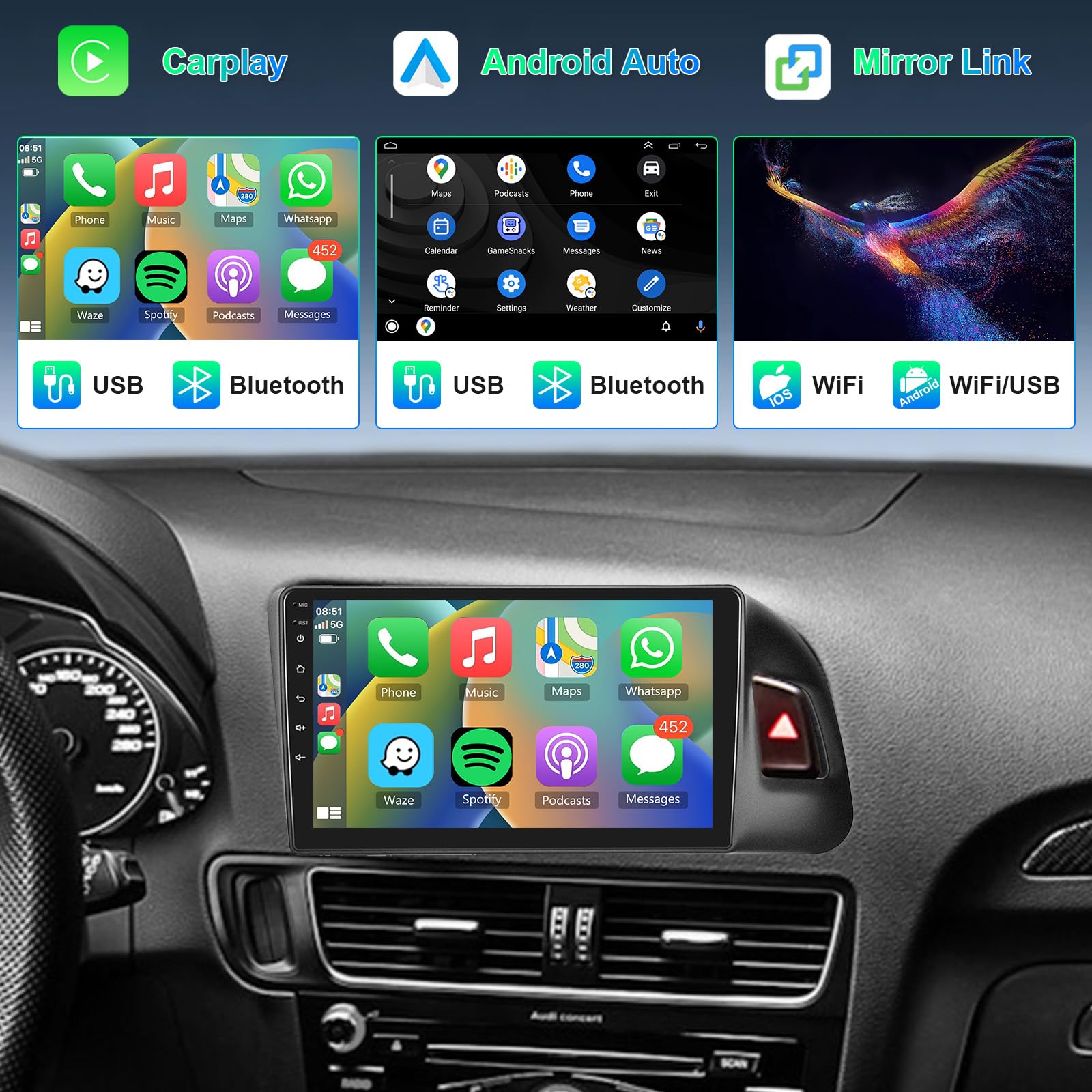 8 Core 4GB+64GB Autoradio per Audi Q5 2010-2018 Android 9 Pollici Touch Screen Carplay Android Auto Wireless, Hodozzy 2 Din Radio Bluetooth DSP GPS WiFi RDS Telecamera Schermo Auto Stereo per Audi Q5