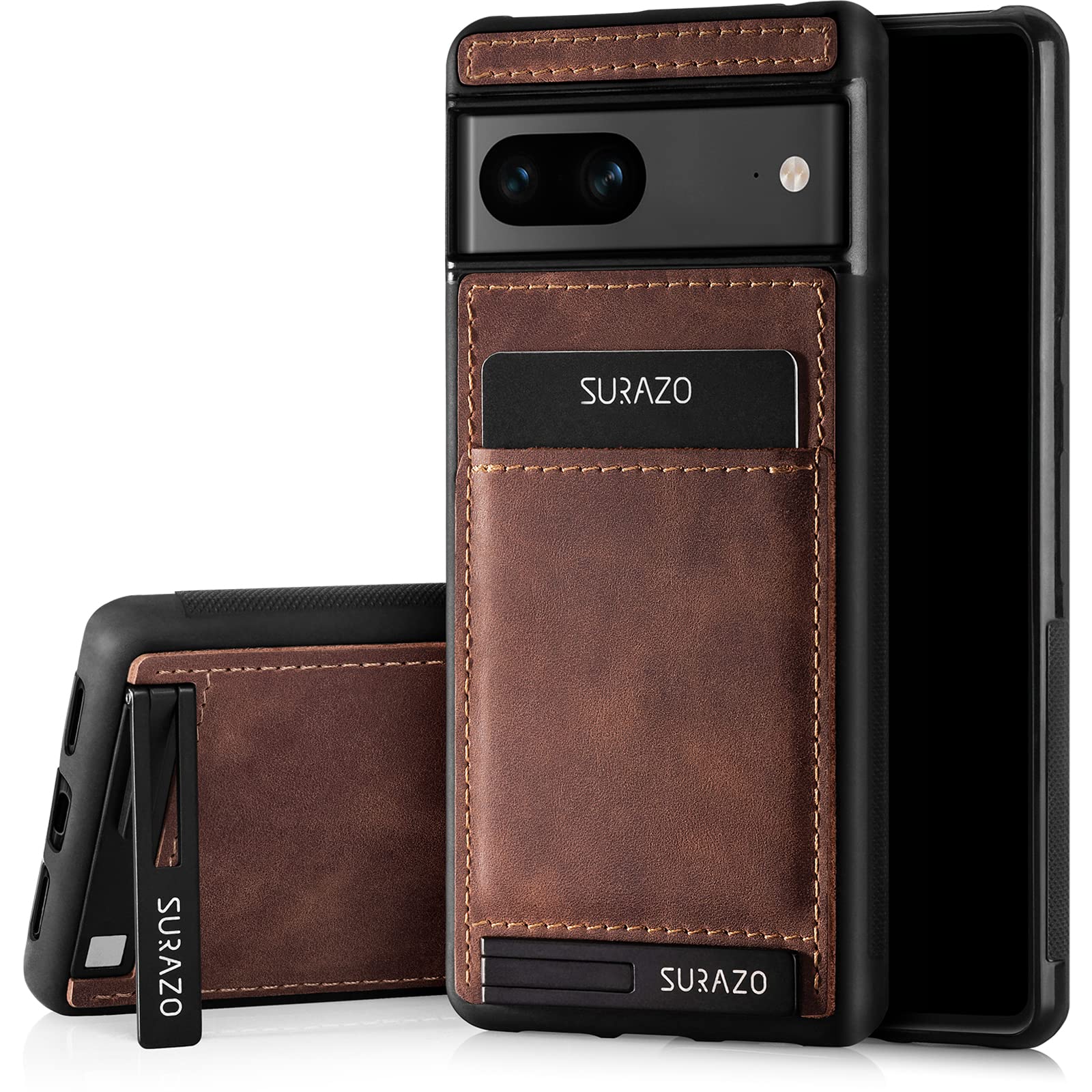 SURAZO Premium Genuine Leather Back Case for Google Pixel 7A Case - Shockproof Leather Mobile Phone Case Cover with Card Slot, Stand Function, Key Chain, Vintage Slim Bumper Protective Case (Nut