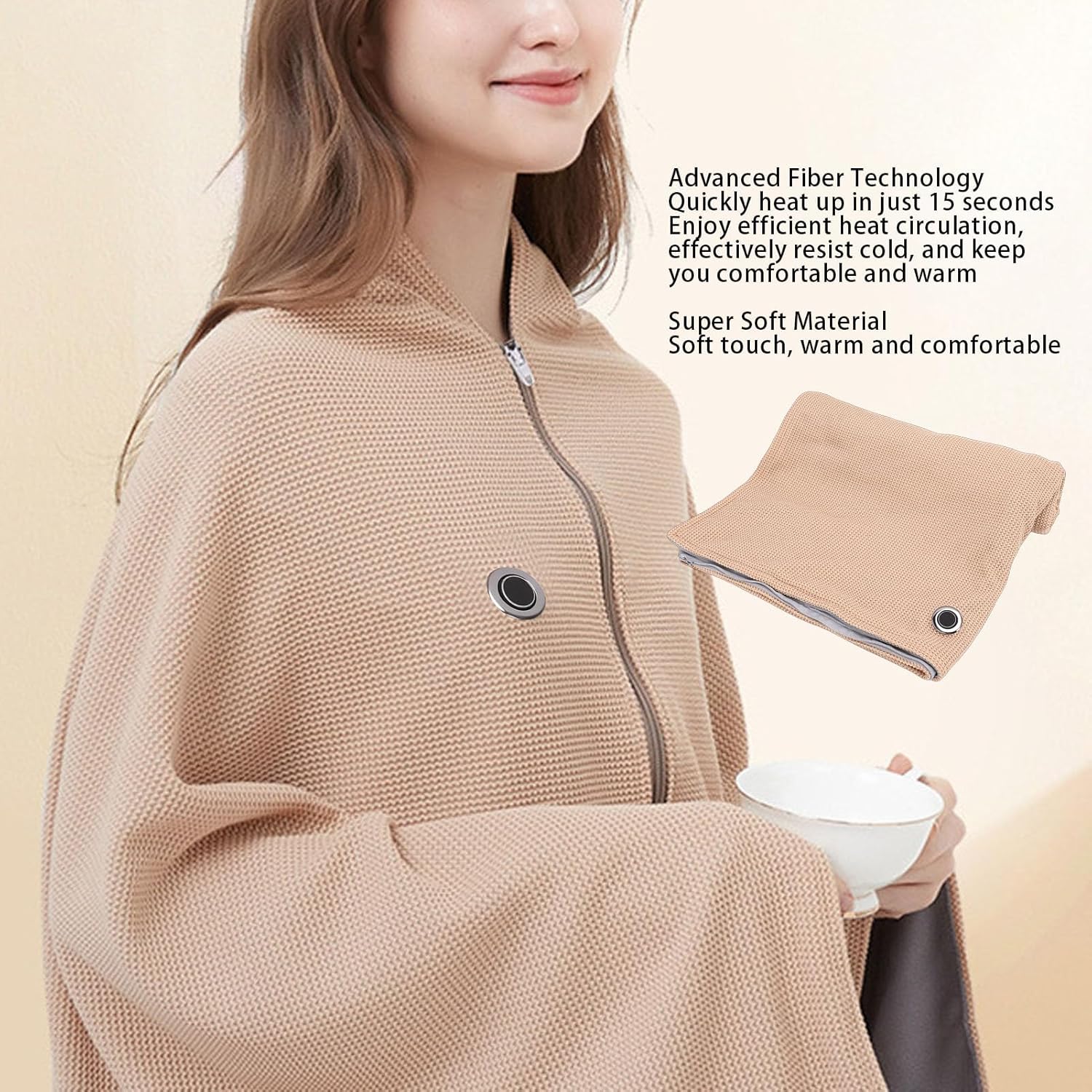 BAFOVY Heated Shawl, 3 Heating Levels Fast Heating in 15 Seconds Soft Wearable Electric Blanket with Zipper Design, for Home Office Travel Car Camping