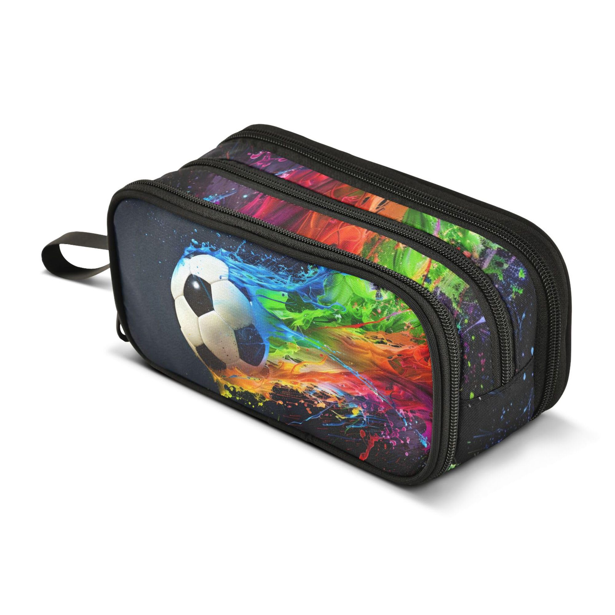 Large Pencil Case, Big Capacity Pencil Bag Pen Pouch Holder 3 Compartments, Soccer with Colorful Splash School Office Supplies Stationery Makeup Bag Storage Organizer for Students Girls Boys Women Men — image 1