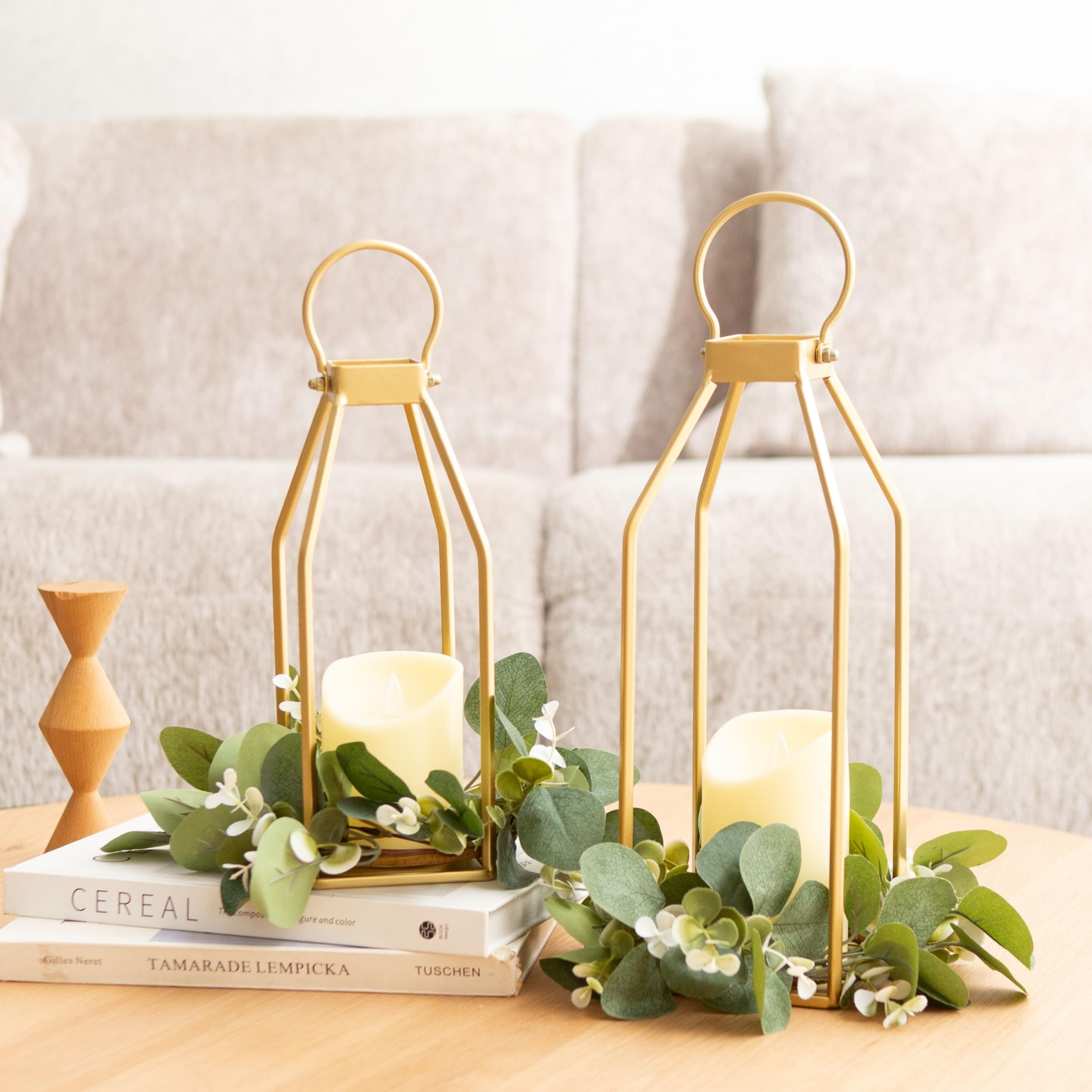 Perfnique Modern Farmhouse Lantern Decor, 15'' 12.6'' Set of 2 Gold Metal Lanterns, 2 LED 6hr Timer Flickering Flameless Candles, Lanterns Decorative for Outdoor, Porch, Fireplace, Patio