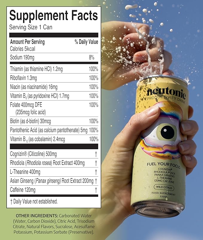 Neutonic Nootropic Productivity Energy Drink | Wild Citrus 12 Cans | 120mg Natural Caffeine, Zero Sugar | Support Memory, Mental Clarity, Cognitive Function | Boost Focus, Energy, Brain Health