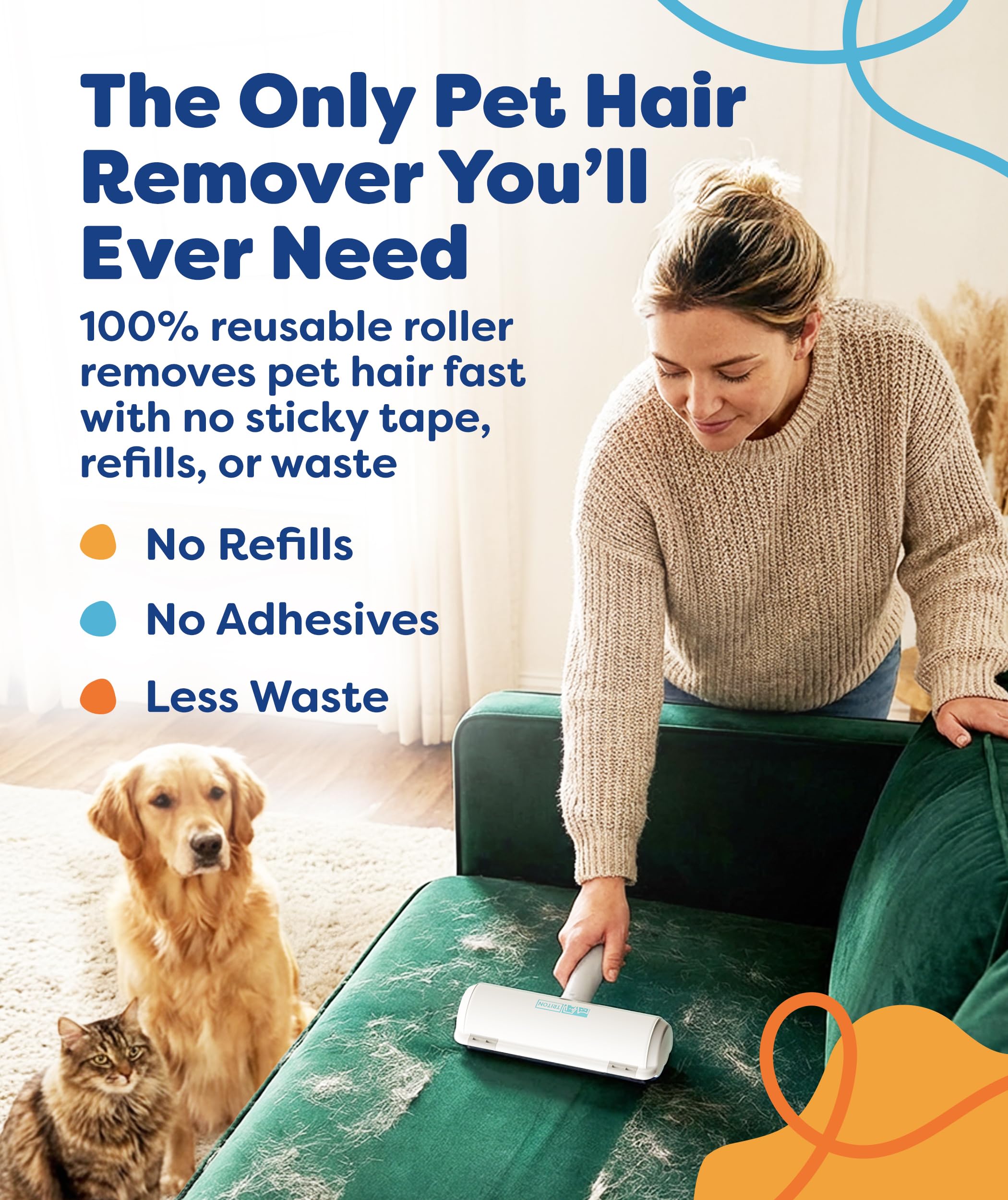 Triton Pet Hair Removal Tool w/Fur Trapping Compartment and Detachable Handle, 60% Smaller Storage Size, Reusable Shedding Roller, Cat and Dog Hair Remover for Car, Furniture, Carpet (Gray/White) - image 2