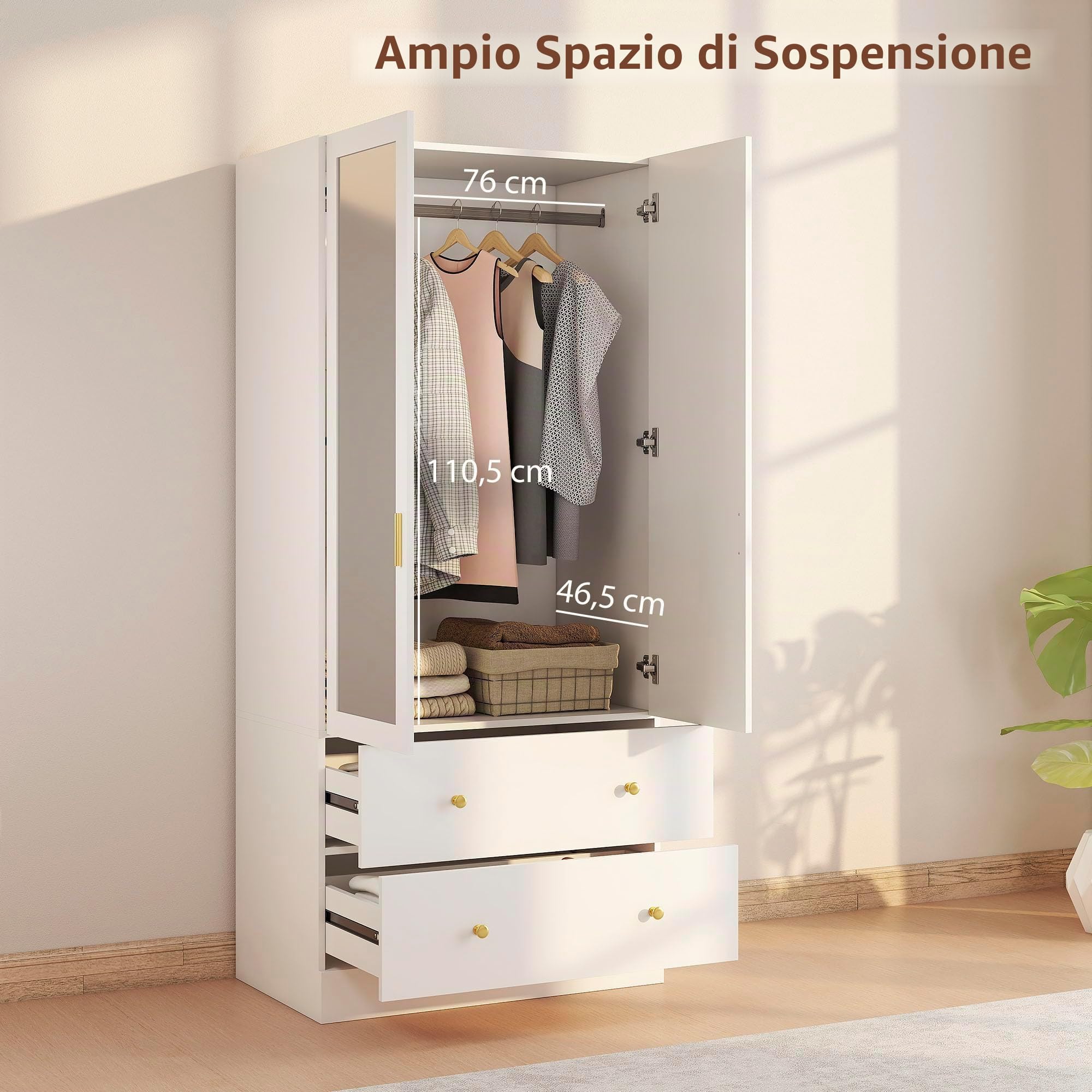 HOMCOM Armadio Moderno con Specchio 80x50x180cm Bianco