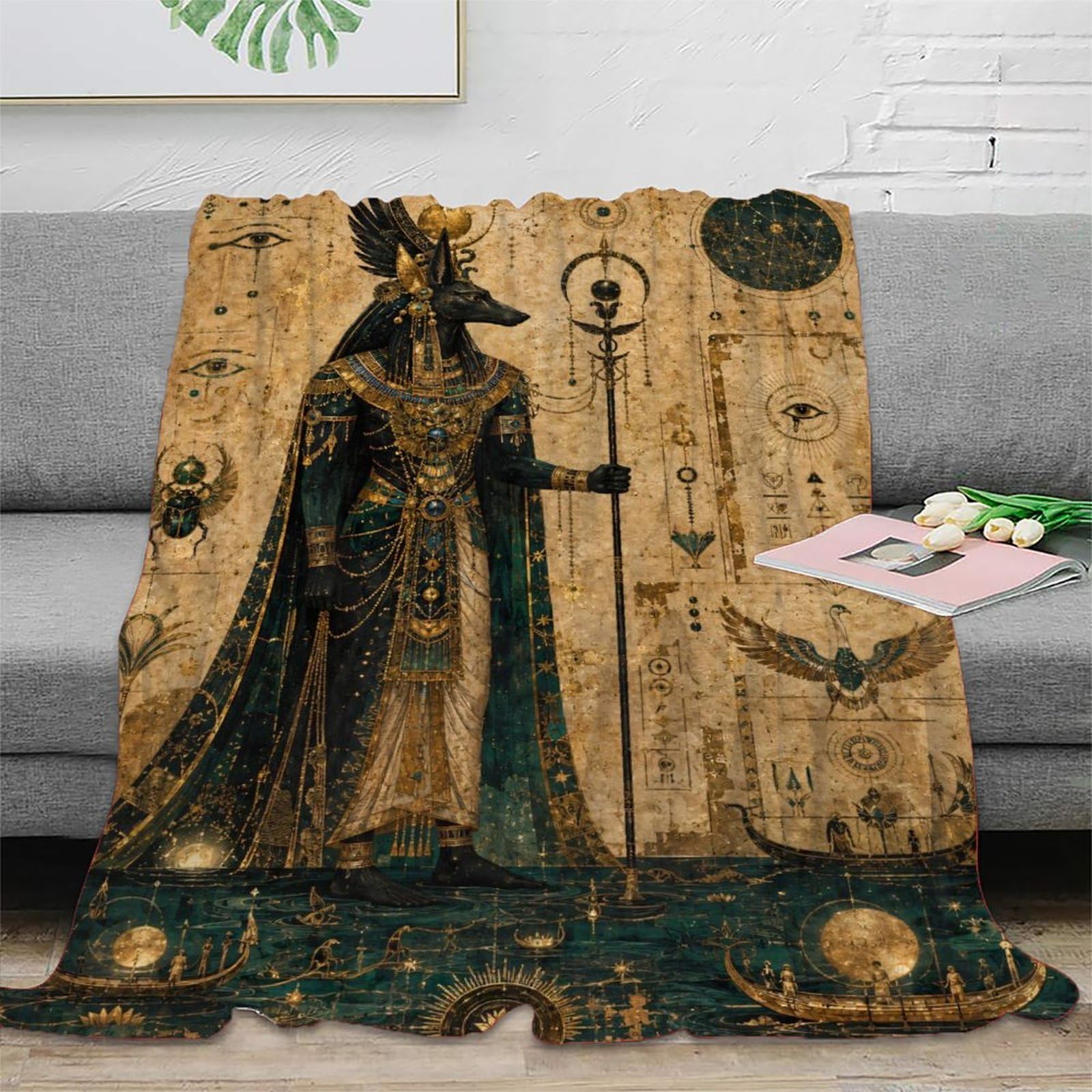 W7C8U2X3 Anubis Celestial Egyptian Blanket, Flannel, Mythology Figure Motif