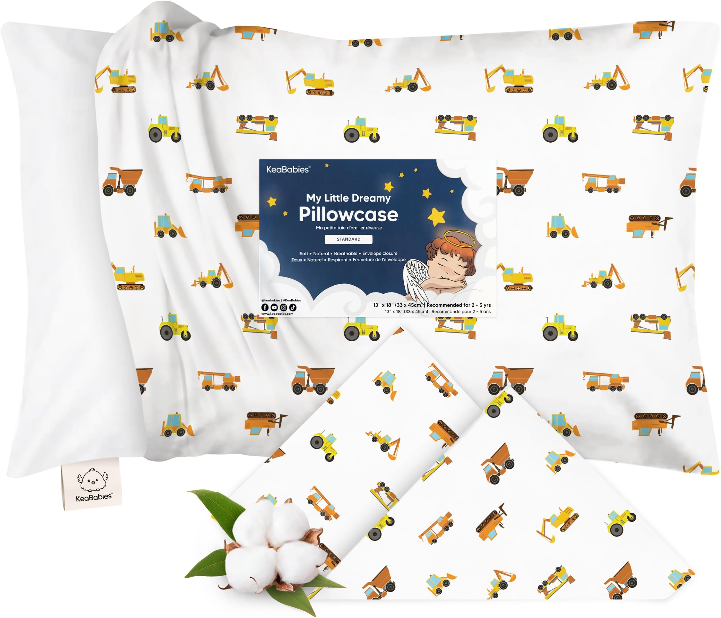 KeaBabies Toddler Pillowcase 13"x18" - Organic Cotton Toddler Pillowcase for Kids, Boys, Girls,Soft & Durable Cotton Cover for Miniature Sleepy Pillows,Cute Colors,Pillow Sold Separately(Construction)