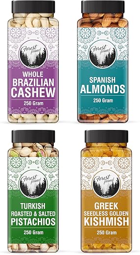Forest Found Dry Fruits Combo Pack 1kg (250g x 4) | California Almonds, Whole Cashews, Roasted Pistachios &amp; Golden Raisins...