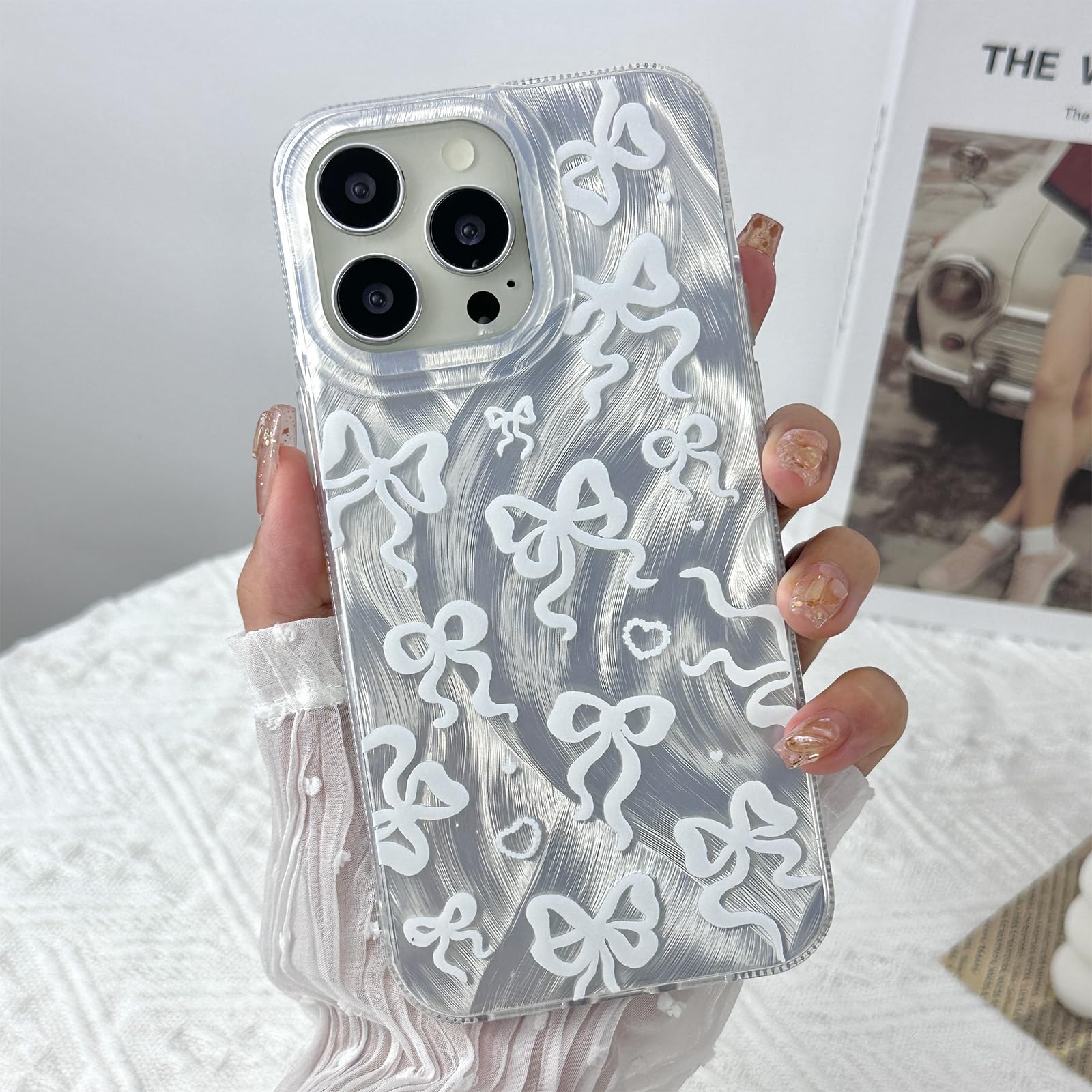 for iPhone 14 Pro Max Case Cute Aesthetic Silver Laser Ribbon Bow Knot Pattern Glitter Bling Women Girls Iridescent Silvery Hard Cover Protective Shockproof Case, White Bow Tie