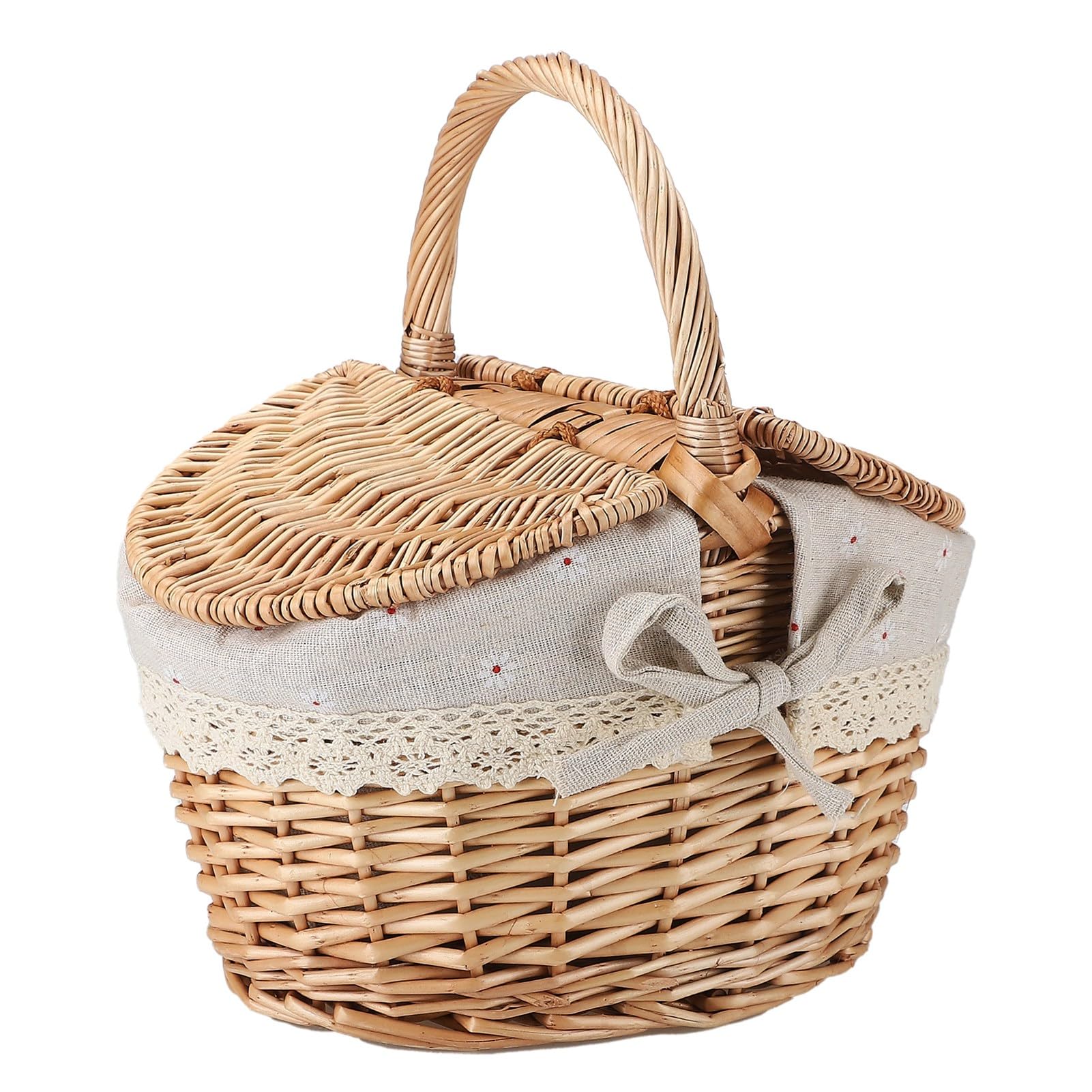 Firlar Wicker Picnic Basket with Lid and Handle, Vintage Picnic Hamper Storage Basket with Washable Lining for Picnic, Camping, Outdoor, Halloween, Thanks Giving, Birthday