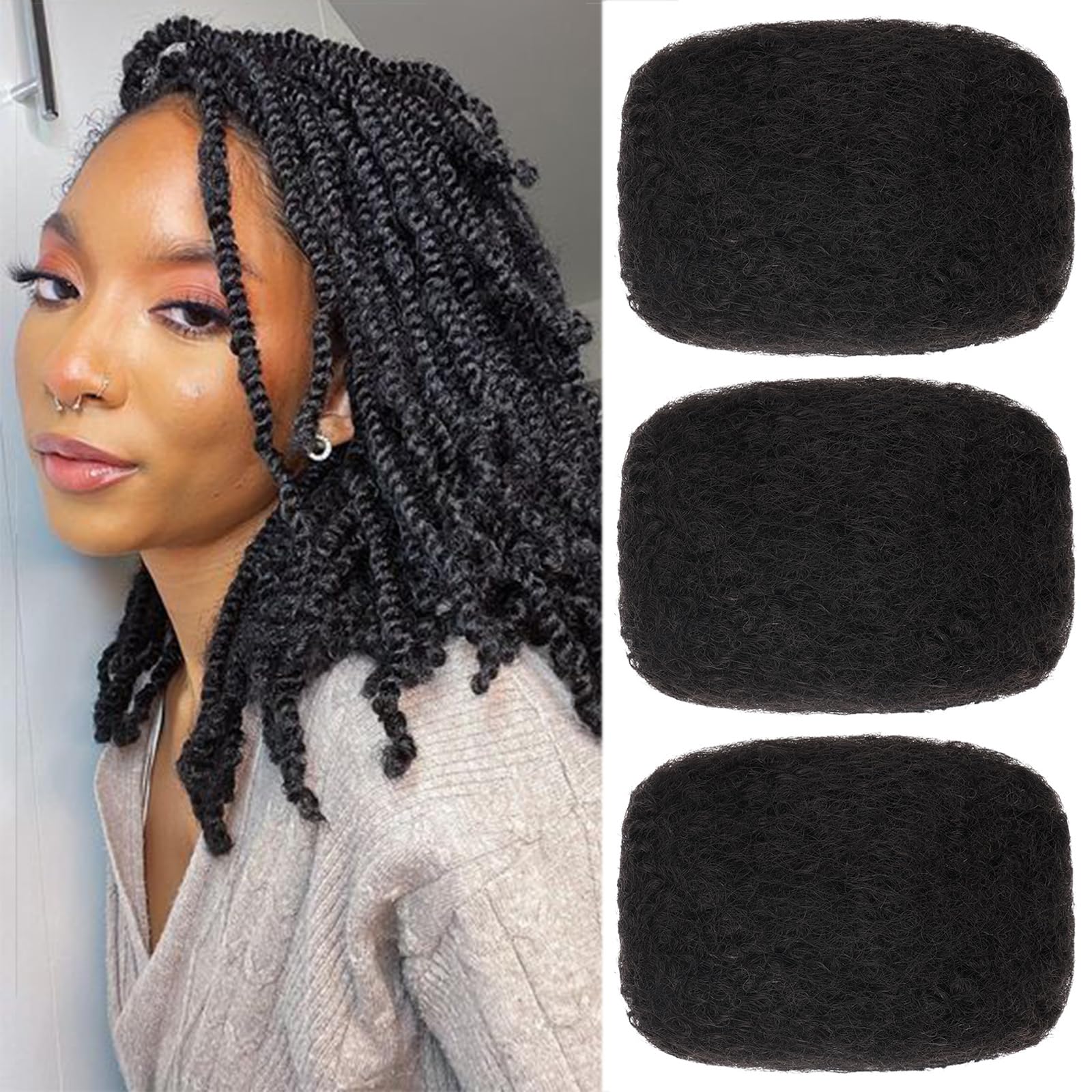 Unionbeauty 3 Pack Afro Kinkys Bulk Human Hair for Mini Micro Twists 100% Human Hair Loc Repair Afro Kinky Braiding Human Hair Kinky Bulk Human Hair 8