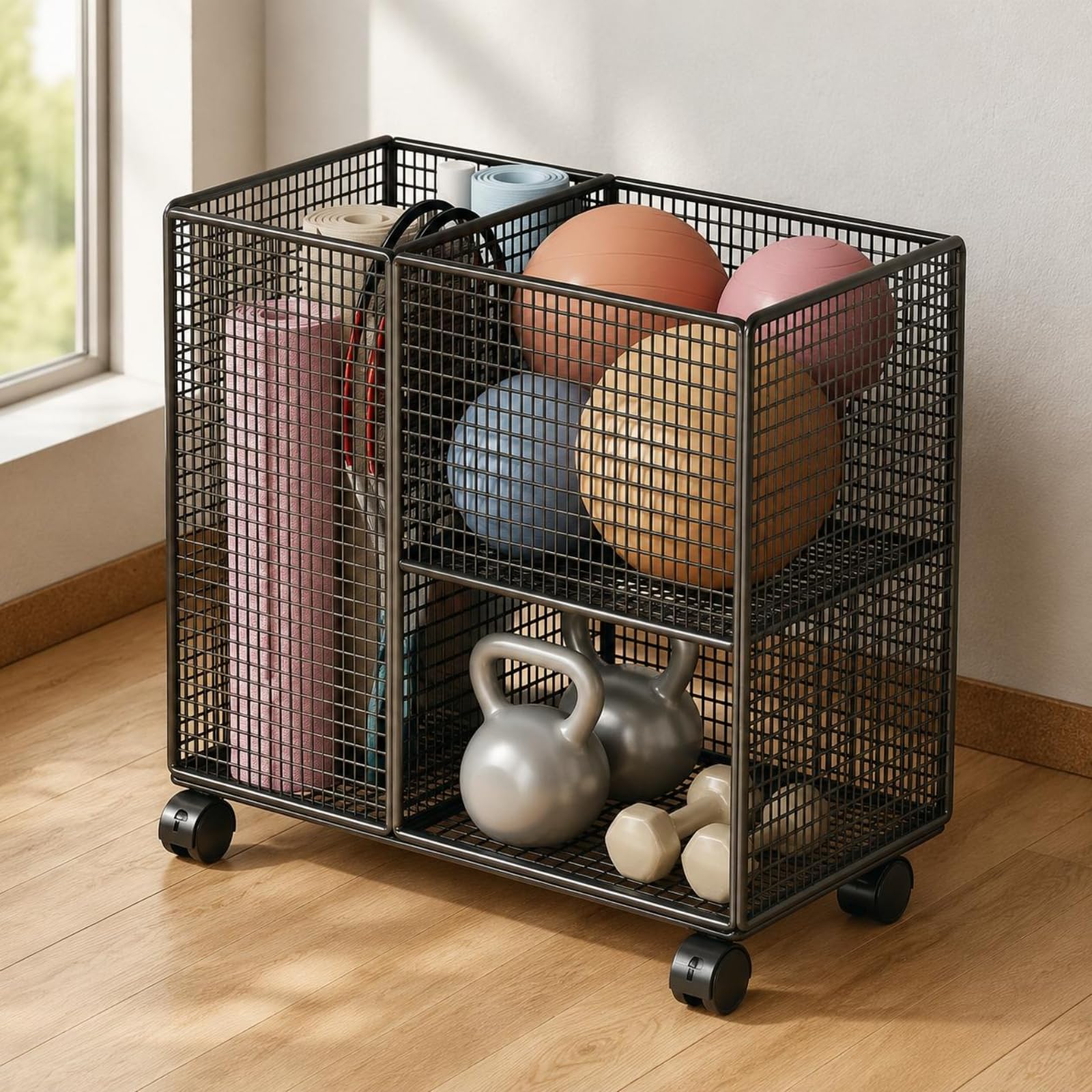 Organizer Carrello Scaffale Palestra Organizzatore Attrezzi Contenitore in Rete a Due Livelli con Ruote Piroettanti E Struttura Compatta 50 Cm X 28 Cm X 43 Cm Adatto a Palestra, Bianco