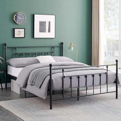 Miniatura 28 de VECELO - Base de cama de tamaño matrimonial de alta calidad, base de colchón con plataforma de metal, repuesto con cabecero estilo victoriano Mate