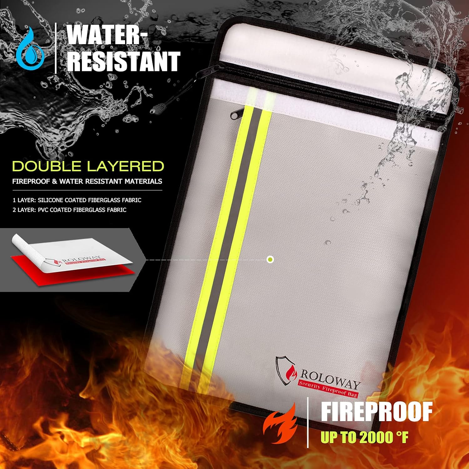ROLOWAY Fireproof Document Bag (15 x 11 inch) with 2 Pockets & Waterproof Zipper, Fireproof Money Bag, Fire Safe Bag with Reflective Strip, Fireproof Envelope for Cash, Legal Documents Safe (Silver) : Tools & Home Improvement