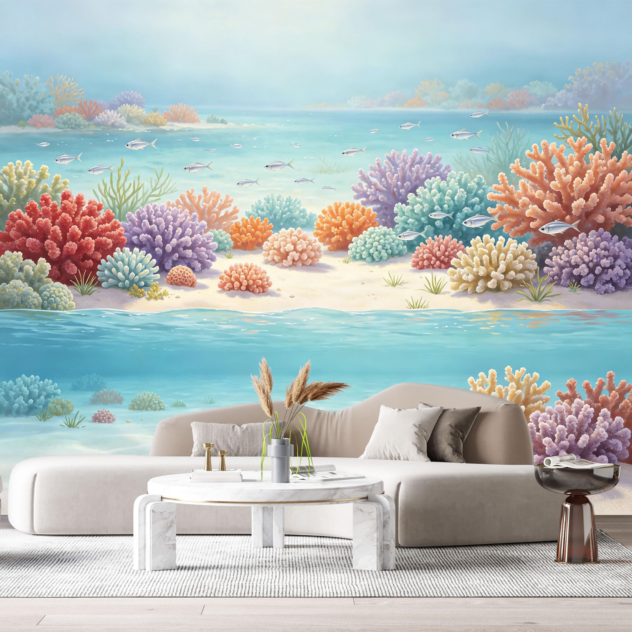 Custom Size Wall Murals Ocean Marine Watercolor Coral Reef Underwater Fish SelfAdhesiveWall Fabric Removable Wallpaper Wall Decor for Living Room Bedroom Bathroom