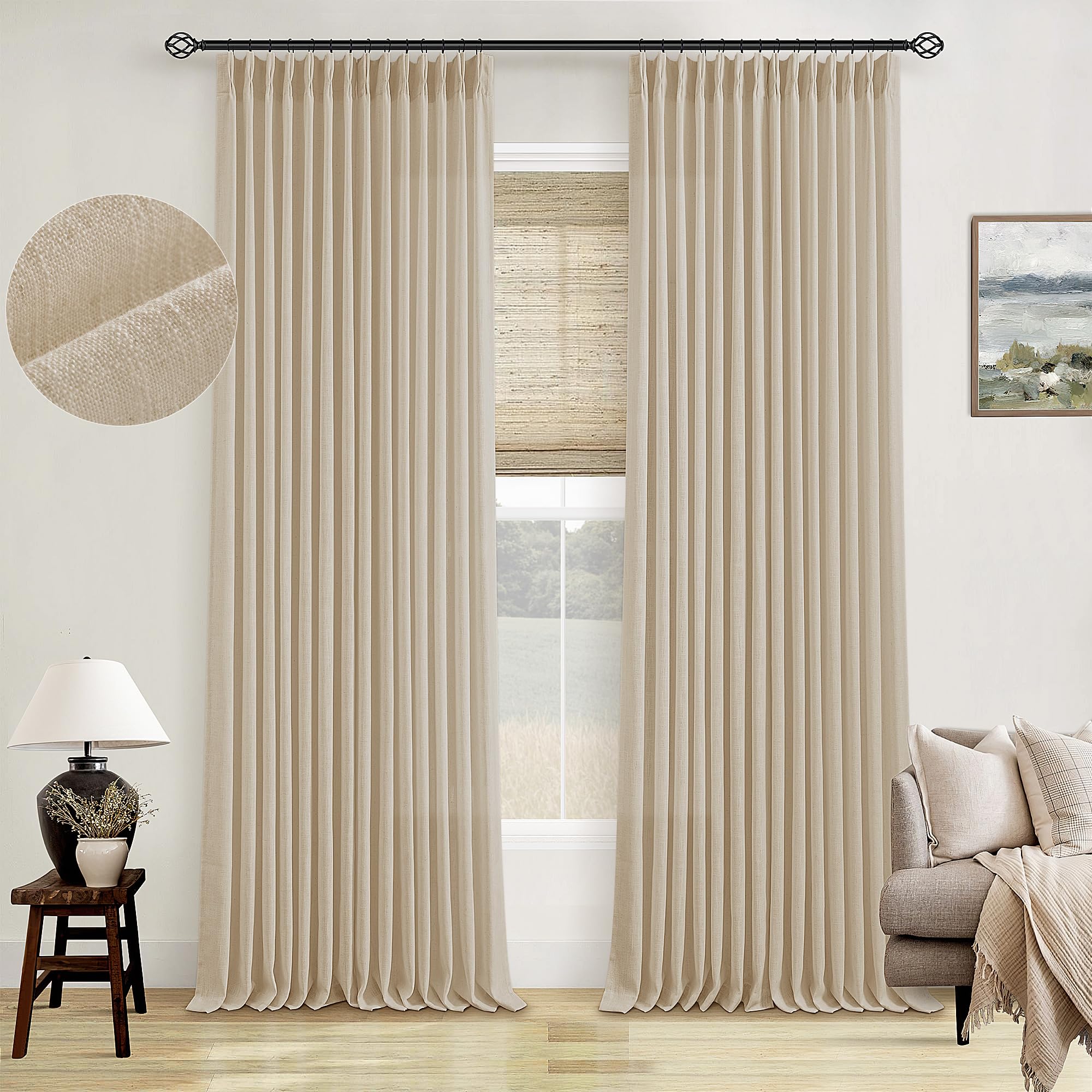 TWODRAPES Set of 2 Pleated Pinch Linen Curtain Panels for Living Room, Bedroom, Memory Forming, Semi Sheer Light Filtering Curtains with Hooks and Rings, 40" W x 63" L — image 1