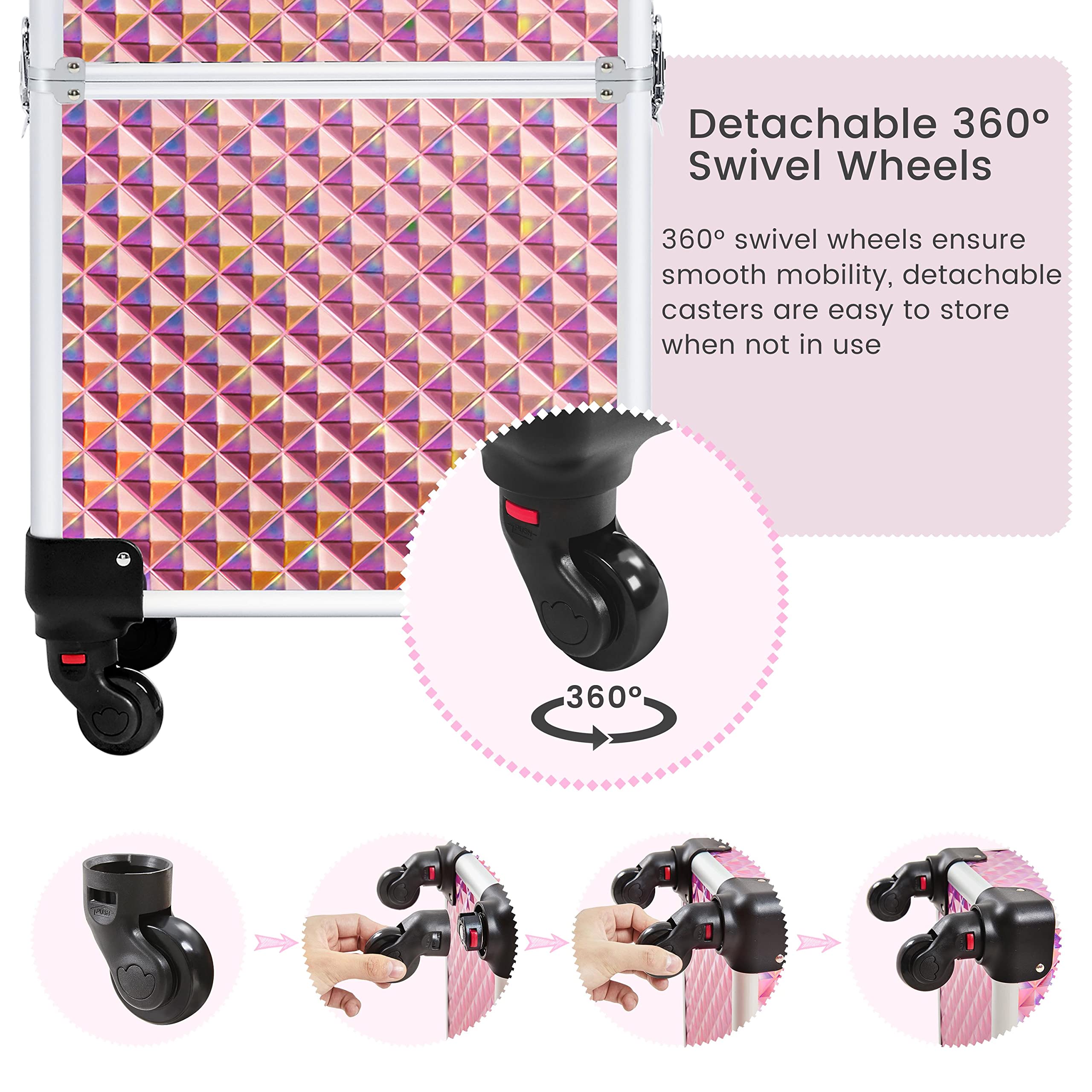 Yaheetech Valise Maquillage Professionnel 4-en-1 Valise Esthetique roulettes Pivotantes à 360° pour Manucure, Voyage, Maquilleur 34 x 25,5 x 80 cm Rose