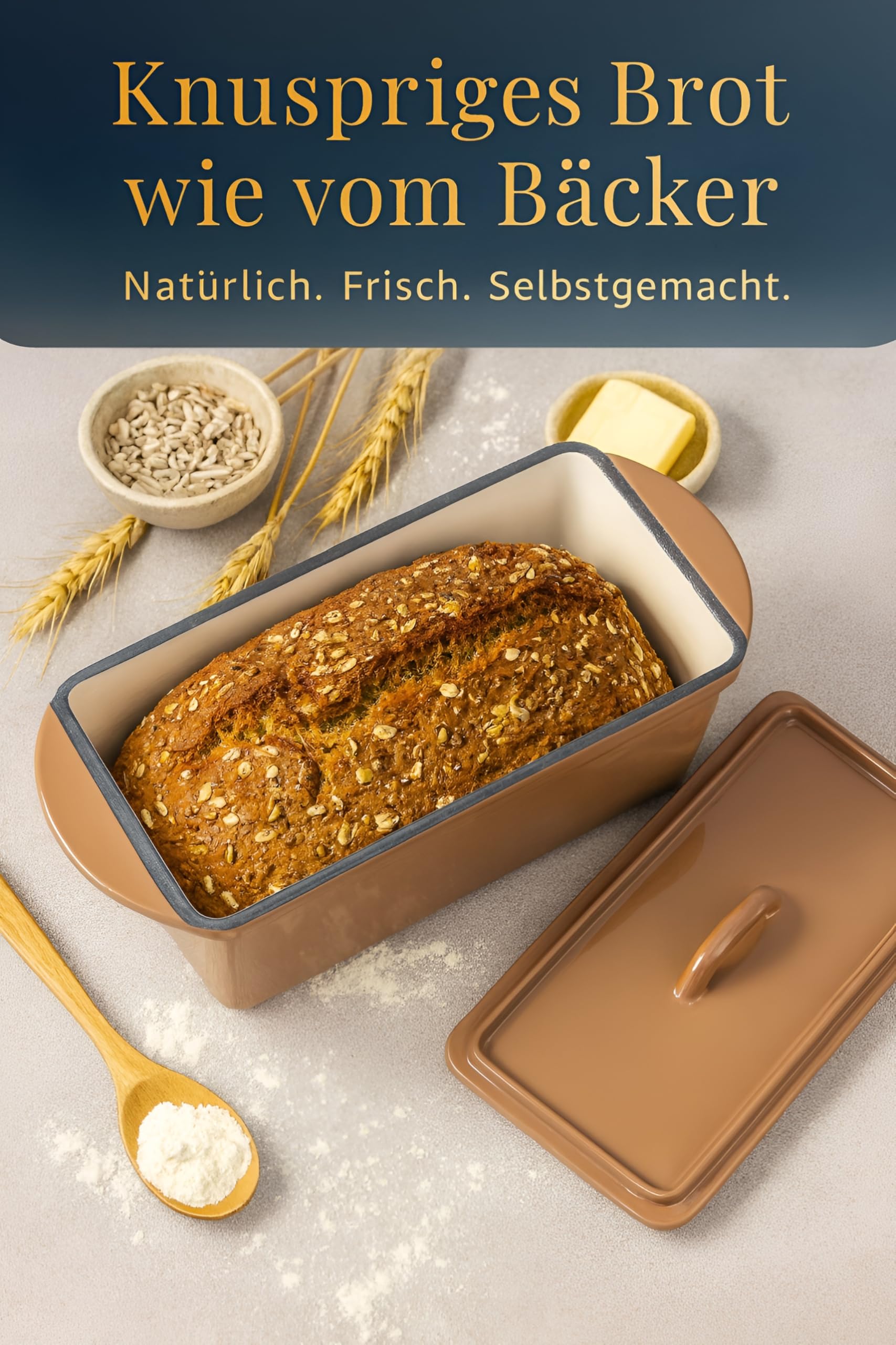 Brotbackform mit Deckel Gusseisen 28 cm – 3 L Kastenform für Sauerteig & Kastenbrot – Gleichmäßige Hitzeverteilung für knusprige Kruste – inkl. Silikongriffe & Backanleitung – Ofenfest - Emailliert