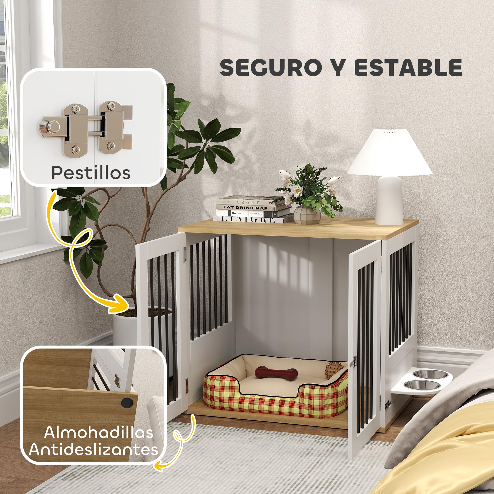 PawHut Jaula para Perros Medianos 2 en 1 Mesa Auxiliar con 2 Puertas con Pestillo Comedero Giratorio de 360° 2 Cuencos y Almohadillas Antideslizantes 80x55x71,5 cm Blanco