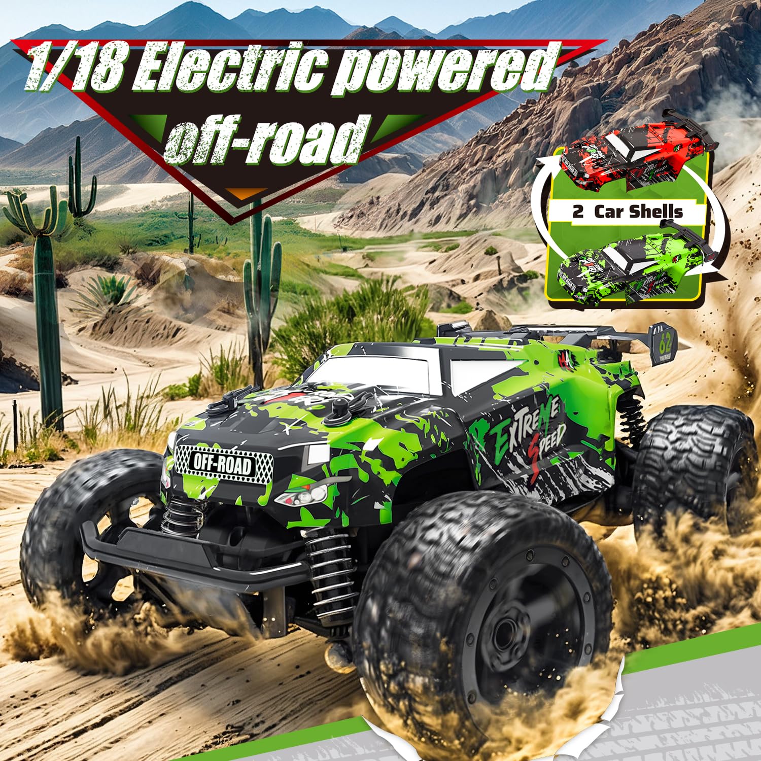 Monstertruck zdalnie sterowany, 1:18, samochód od 3 lat, 25 km/h, zdalnie sterowany monster truck ze światłem karoserii/dwie obudowy, 2,4 GHz Monster Truck zdalnie sterowany od 4, 6, 8 lat, dla dzieci