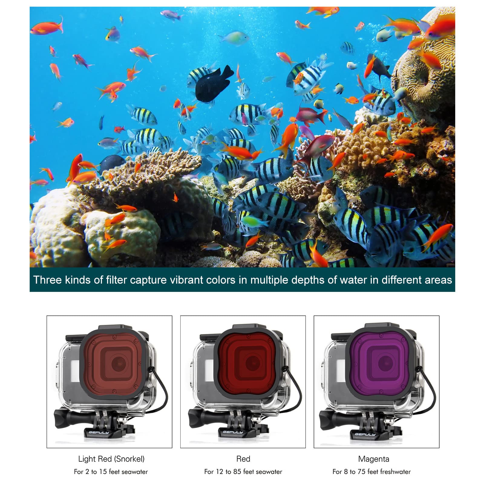 GEPULY Custodia impermeabile per GoPro Hero 8 nero con 4 filtri subacquei, custodia subacquea da 60 m, con filtri rossi, snorkeling, magenta, Close-up per GoPro Hero 8 fotocamera nera