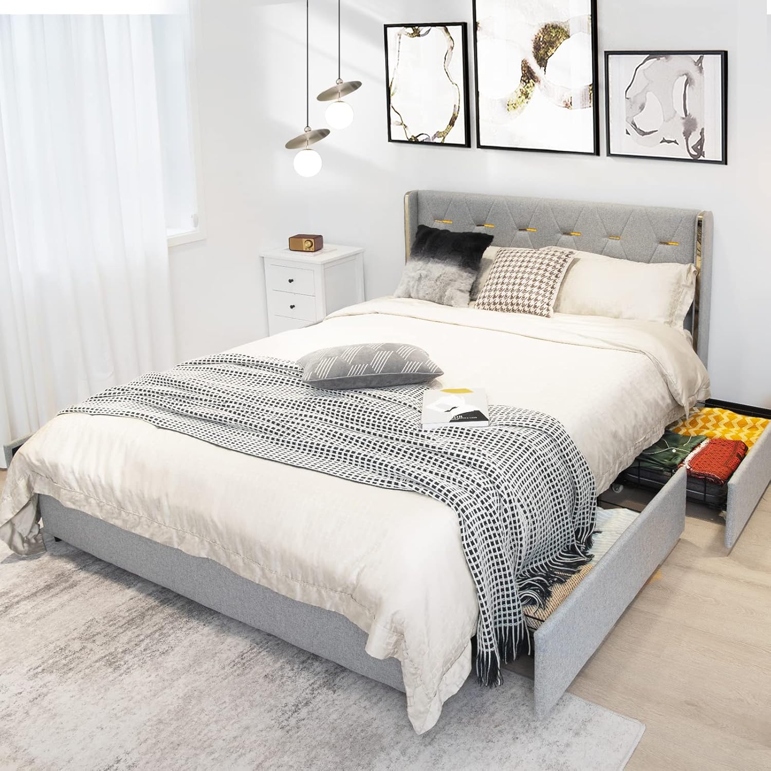 GORELAX Upholstered Queen Bed Frame with 4 Storage Drawers, Tufted PU