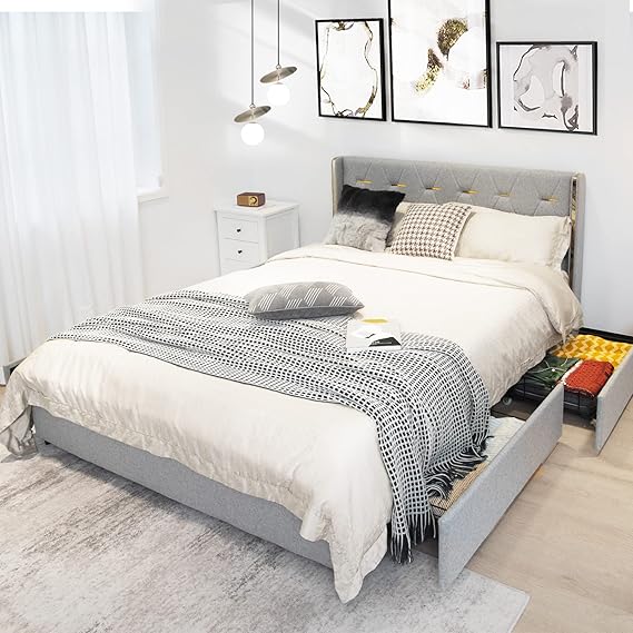 GORELAX Upholstered Queen Bed Frame with 4 Storage Drawers, Tufted PU