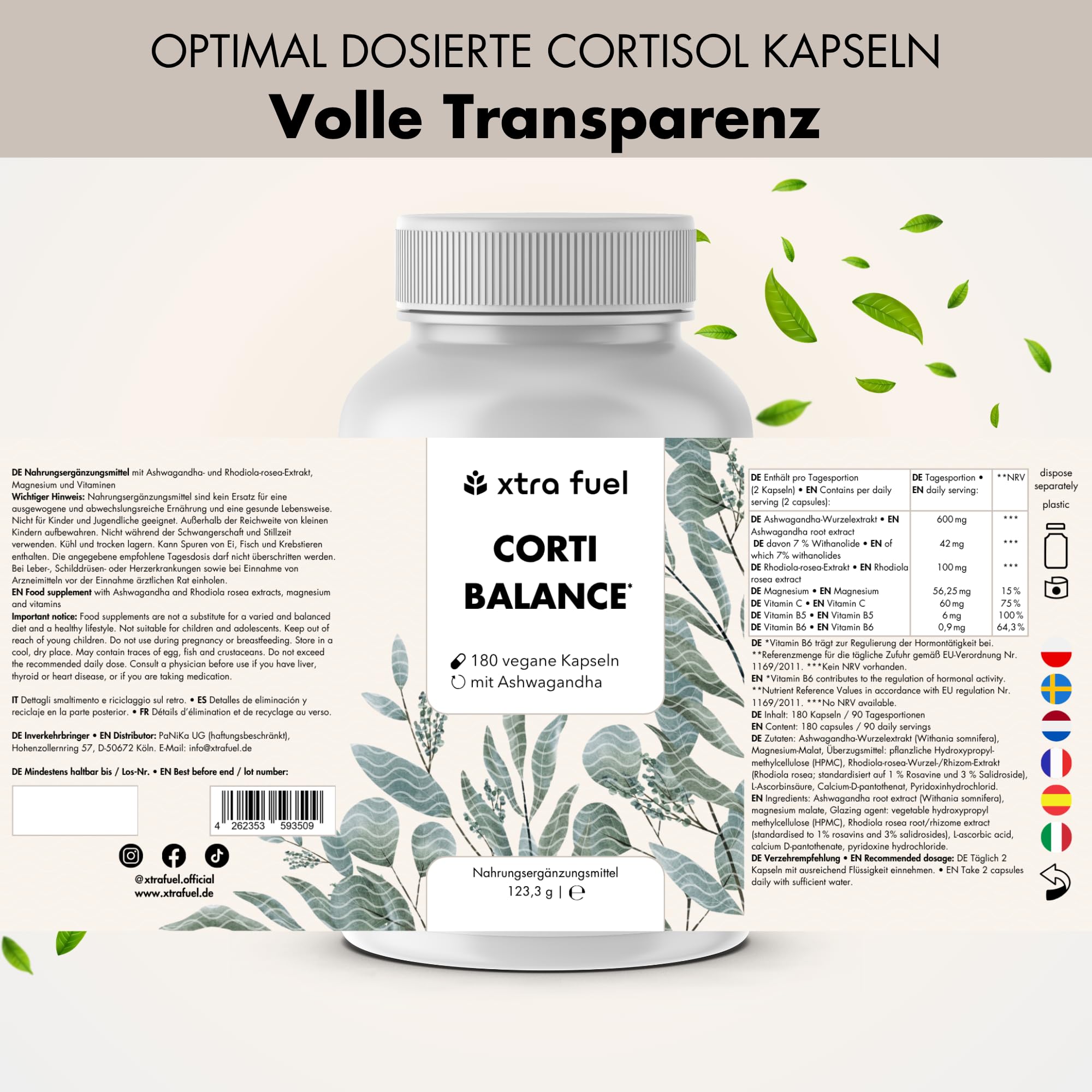 Cortisol Balance - 180 Kapseln (hochdosiert) – mit Ashwagandha, Rhodiola Rosea, Magnesium, Vitamin C, B5 & B6 – vegan, zertifiziert & laborgeprüft - Corti Balance
