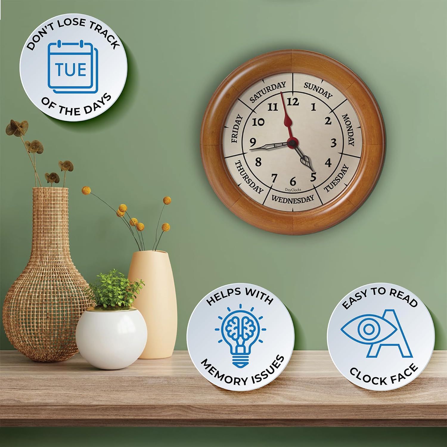 Time & Day of The Week Wall Clock with 10" Solid Pine Wood Frame – – Ideal Retirement Gift for Men and Women, Day Clock for Seniors and Retirees