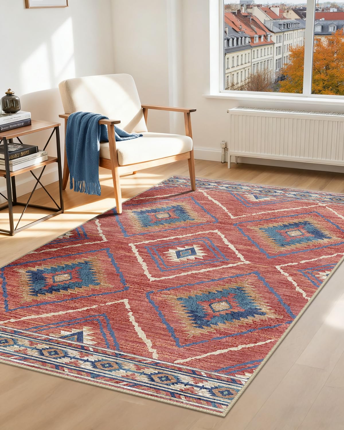 Machine Washable Rugs Living Room, 90x150 cm Kitchen Rugs Non Slip, Soft Short Pile Vintage Red Rugs for Bedroom, Moroccan Rug for Hallway, Bedroom, and Kitchen, Red