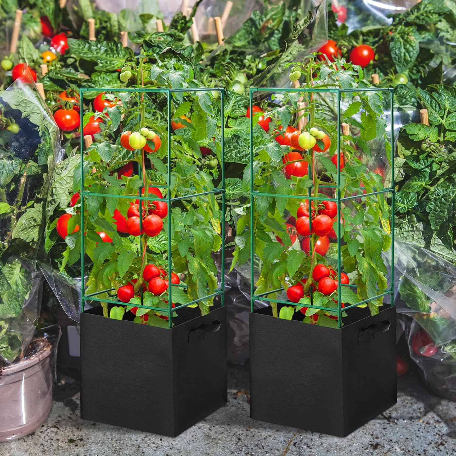 Wenqik 4 Pack Tomato Cage with 17.7 Gallon Large Grow Bags 47 Inch Tomato Planter with Trellis, 18 Clips and 328ft Twist Tie Garden Plant Pot Stakes Support for Vertical Climbing Cucumber