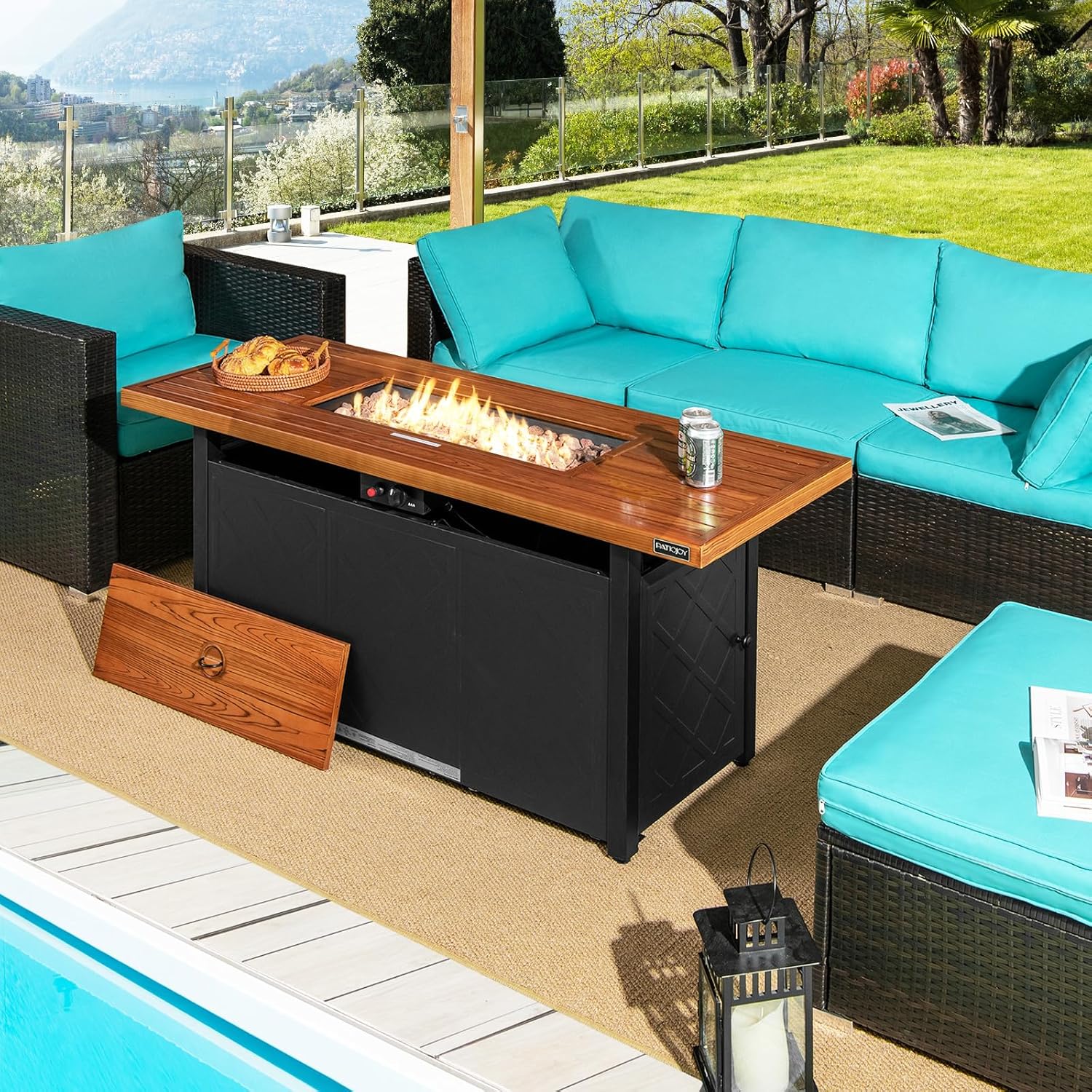 COSTWAY 57" Gas Fire Pit Table, 50,000 BTU Outdoor Patio Propane Fire Table, Rectangular Fire Pit with Wood-Like Tabletop, Lid and Lava Rocks, Suitable for Poolside, Garden, Balcony
