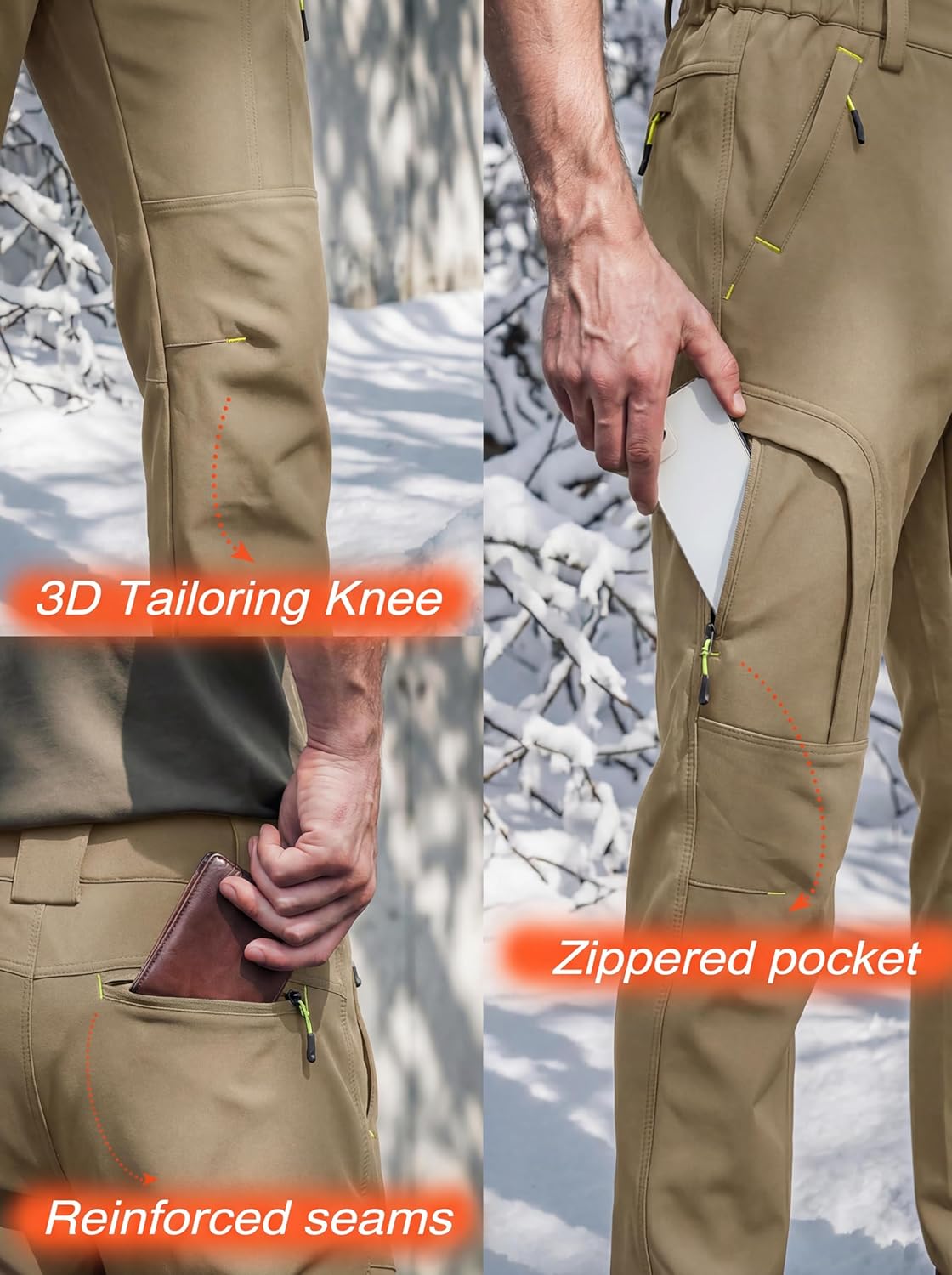 Lizorn Men's Snow Ski Pants Waterproof Insulated Winter Softshell Fleece Lined Hiking Work Snowboard Trousers for ColdWeather
