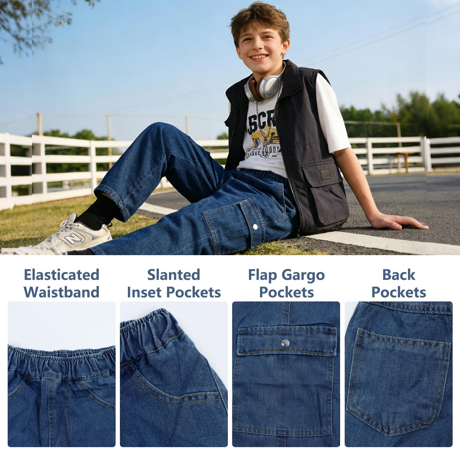 Jeans Baggy Garçon Taille Élastique Cargo Pantalon en Denim 7-15 Ans | Multiples Poches, Loose Fit, Jambes Larges, Enfants Décontracté Cargo Jean, Mode Streetwear Outdooor Casual Pantalons