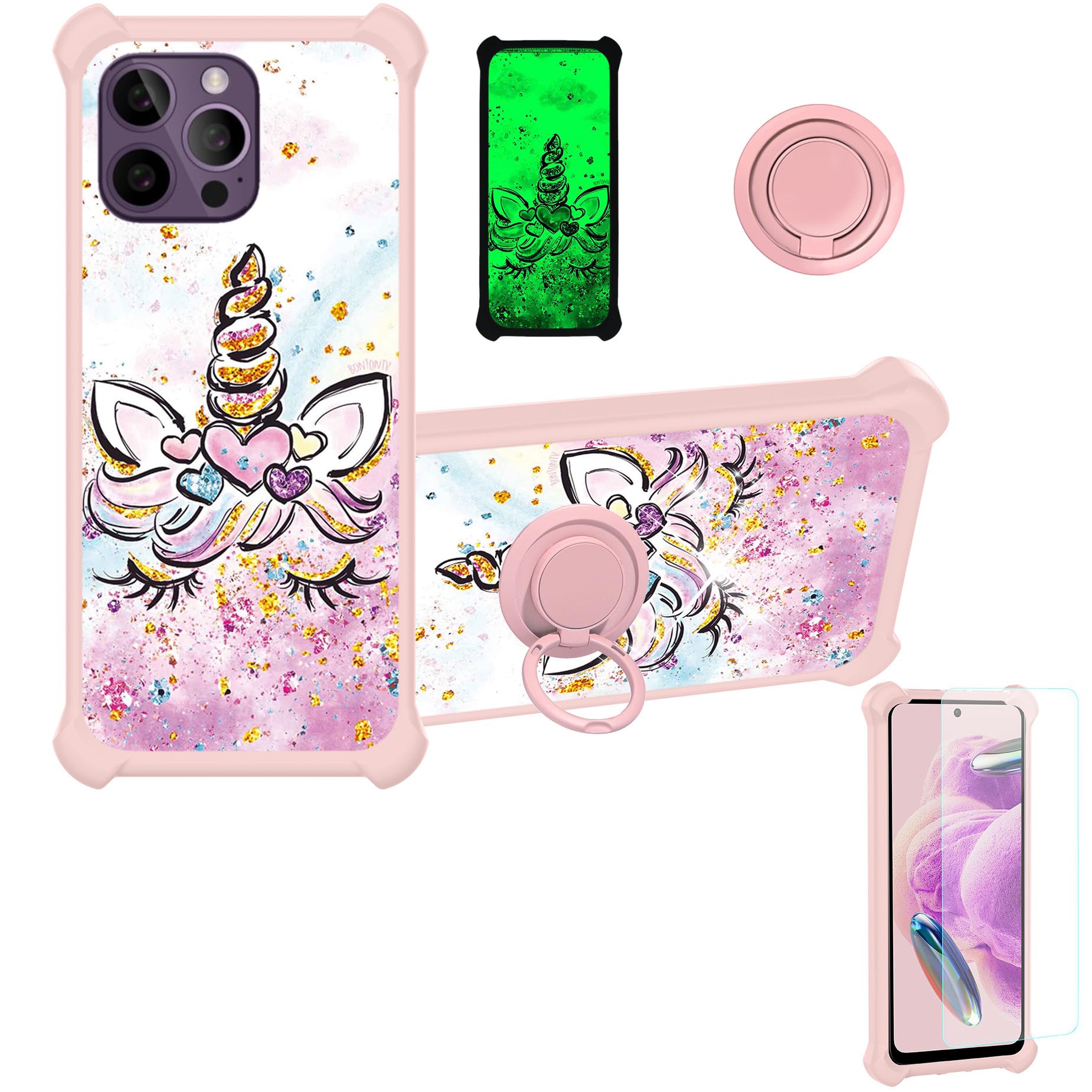 Case for INOI A72 NFC Case Compatible with INOI A72 NFC Phone Case Cover [with Tempered Glass Screen Protector][Ring Support][Gold Glitter+Luminous] JSF-JJS