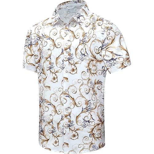 SheLucki Hawaiian Shirt for Men, Unisex Summer Beach Casual Short Sleeve Button Down Shirts, Printed Palmshadow Clothing
