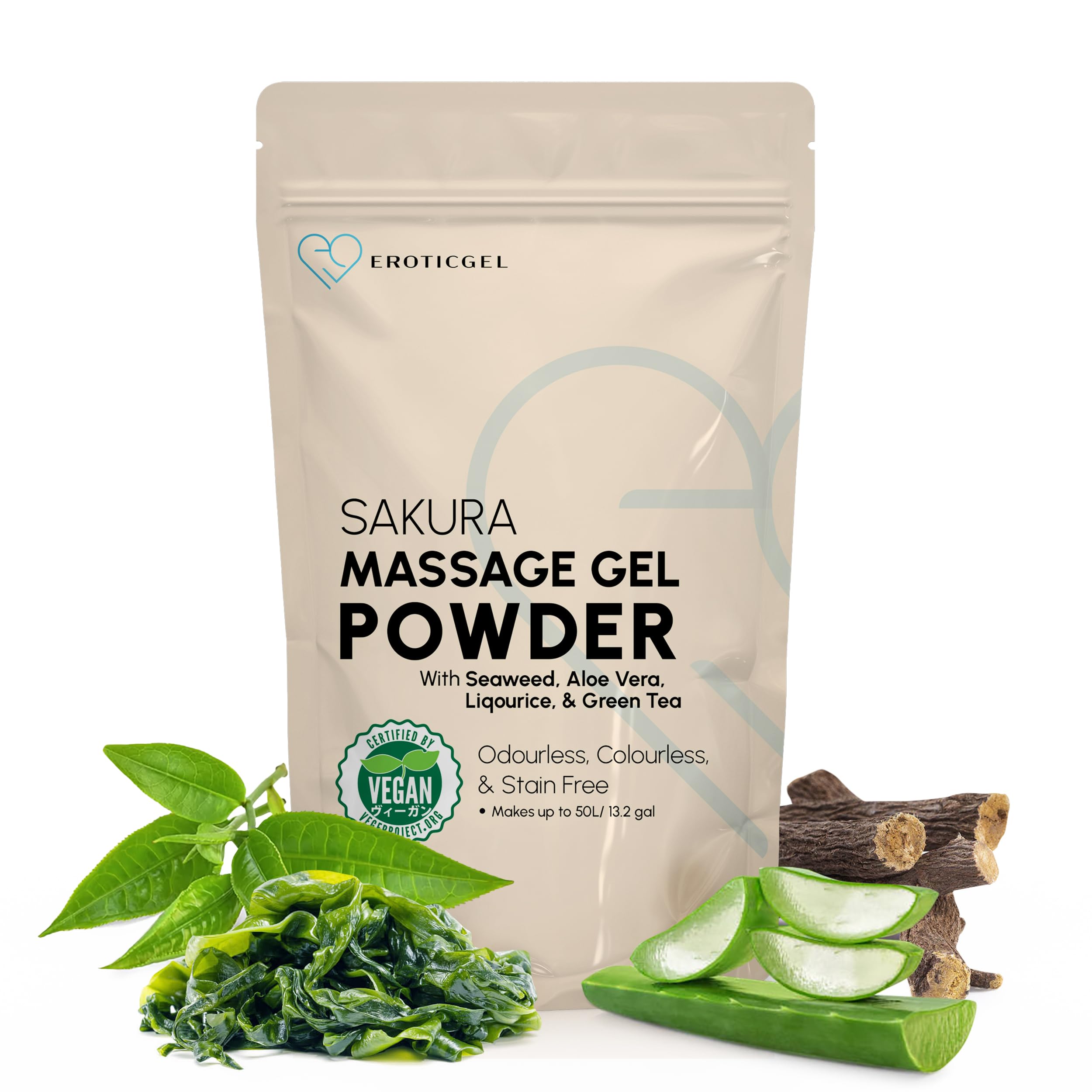 Polvere Gel da Massaggio Nuru Edizione Sakura 500g, Aloe Vera, Alga, Liquirizia e Te Verde, Uso Professionale, Stile Giapponese, Vegano, Senza Profumo, Base Acqua, Resa fino a 50 Litri