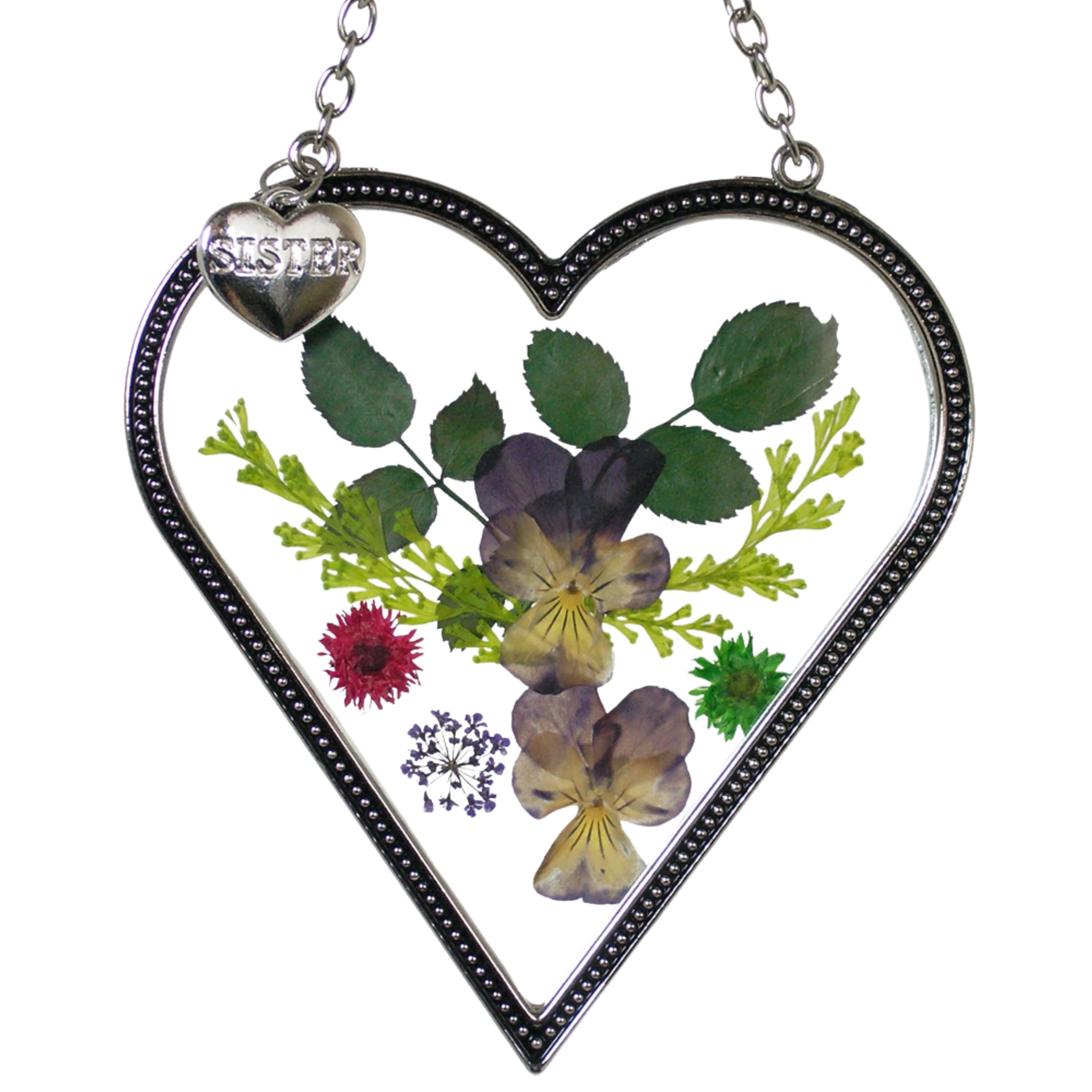 BANBERRY DESIGNS Sister Suncatcher - Glass Heart Shaped Suncatcher with Pressed Flowers and Engraved Sister Charm - 4 Inch-image-28